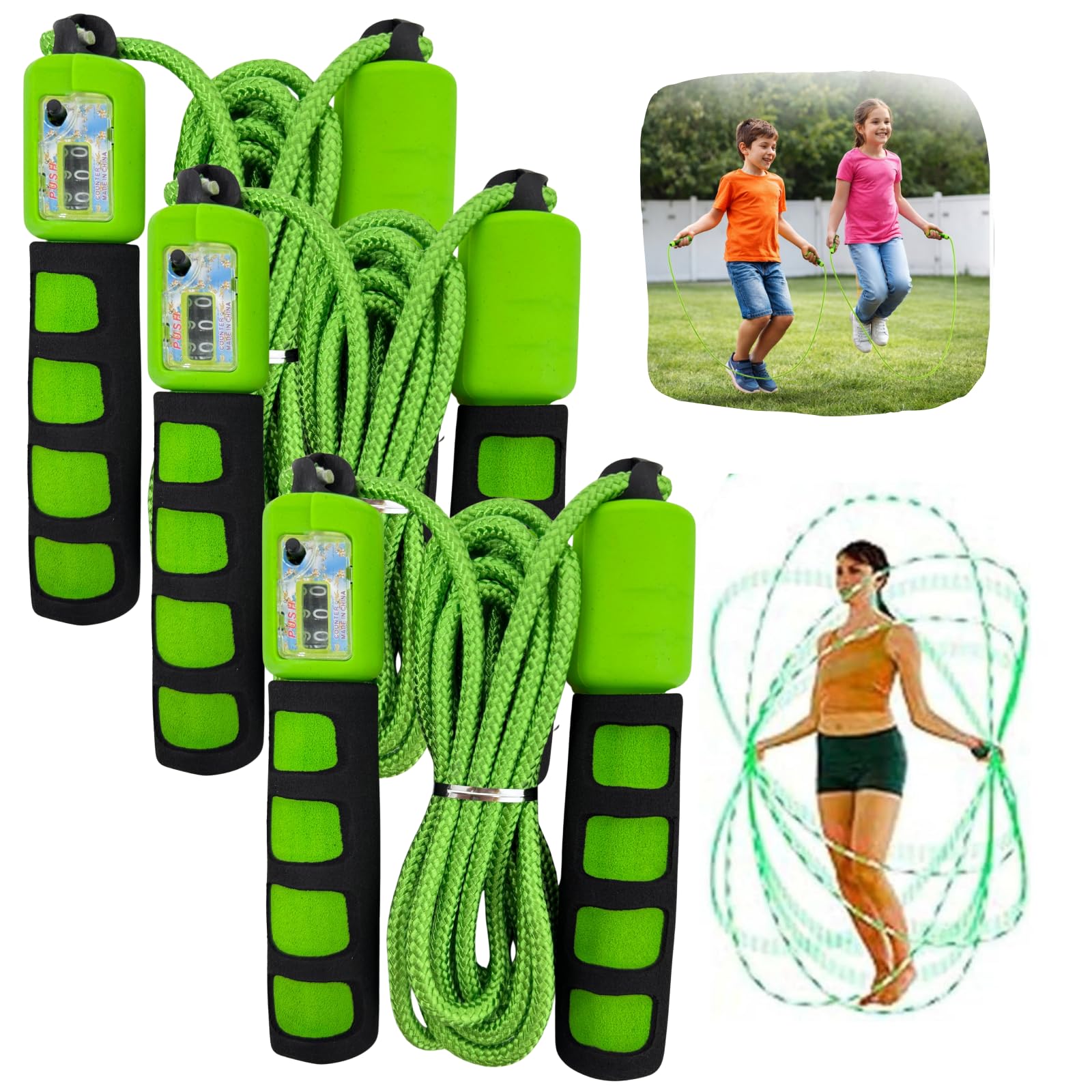 3x Green Skipping Rope with Counter Adjustable 2.7M Speed Jump Rope EVA Foam Handles for Kids Adults Fitness Cardio Workout Home Gym Exercise Training