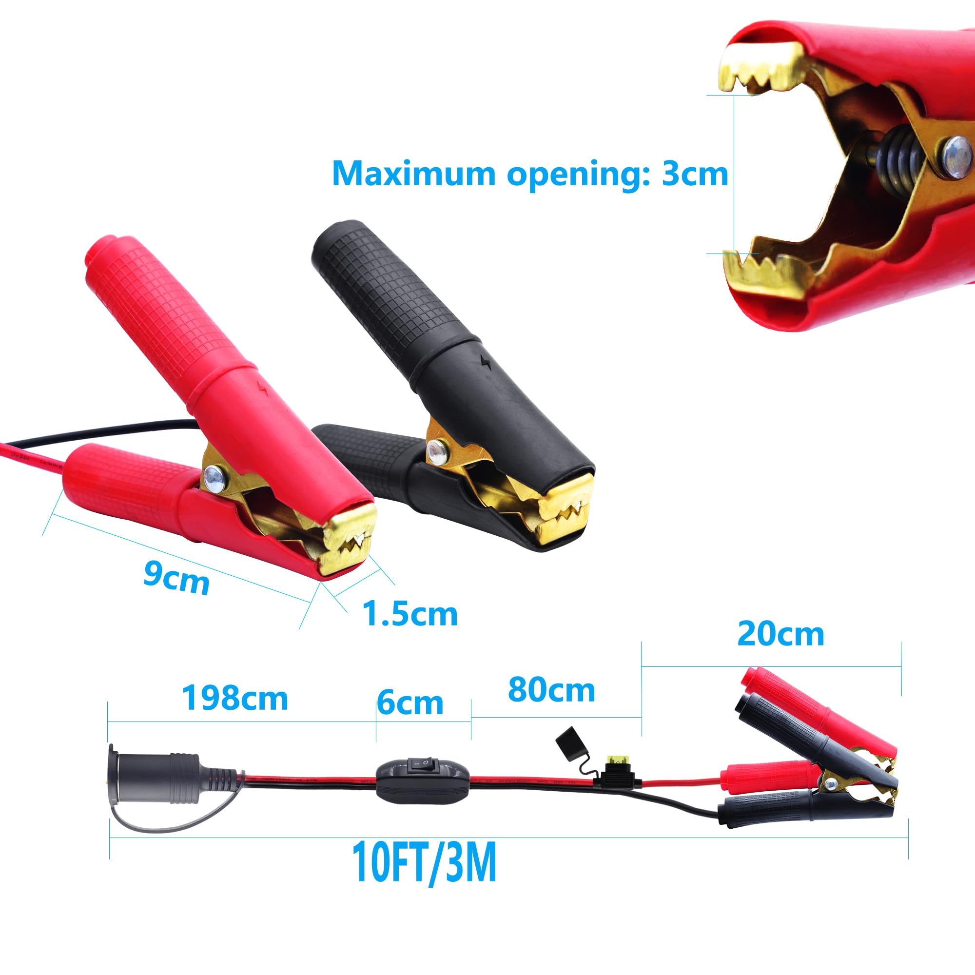 Cavo con clip a coccodrillo per accendisigari femmina con interruttore, 14 AWG, 12 V-24 V, cavo di avviamento con clip a coccodrillo con fusibile da 20 A, per auto, tosaerba, inverter (3 m