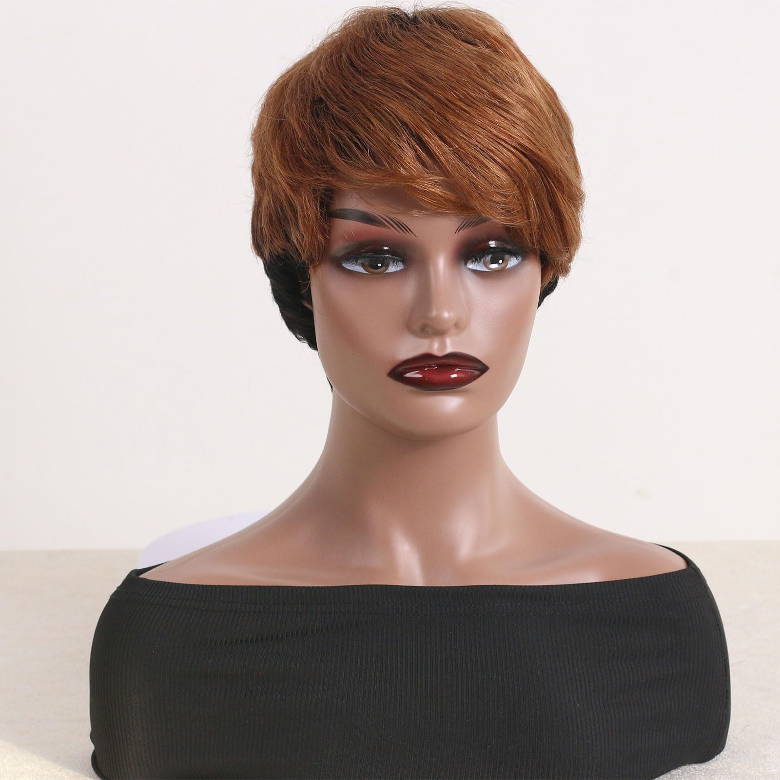 Short Pixie Cut Wigs for Black Women - Ombre Layered Brazilian Virgin Human Haircut Wigs with Bangs 150% Density Wear and Go Wigs for Mommy 1B/DR30 Color