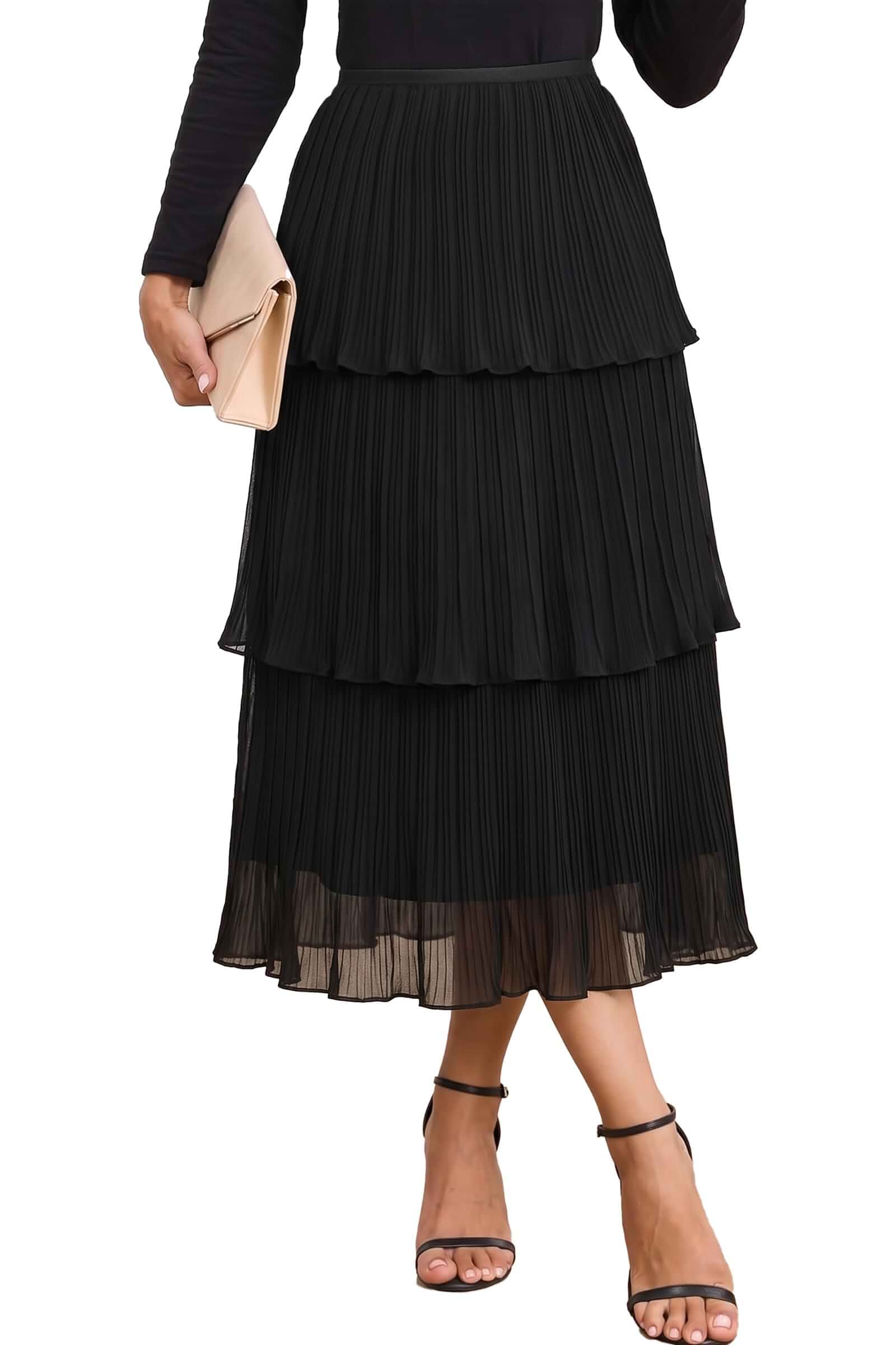 Women's Boho Tiered Midi Skirt Flowy Pleated Chiffon Layered Ruffle Skirt Elastic Waistband,Ruffle Tiered Layers Skirt with Lined Pleated Detail,elegant chiffon long skirt,pleated floral maxi skirt