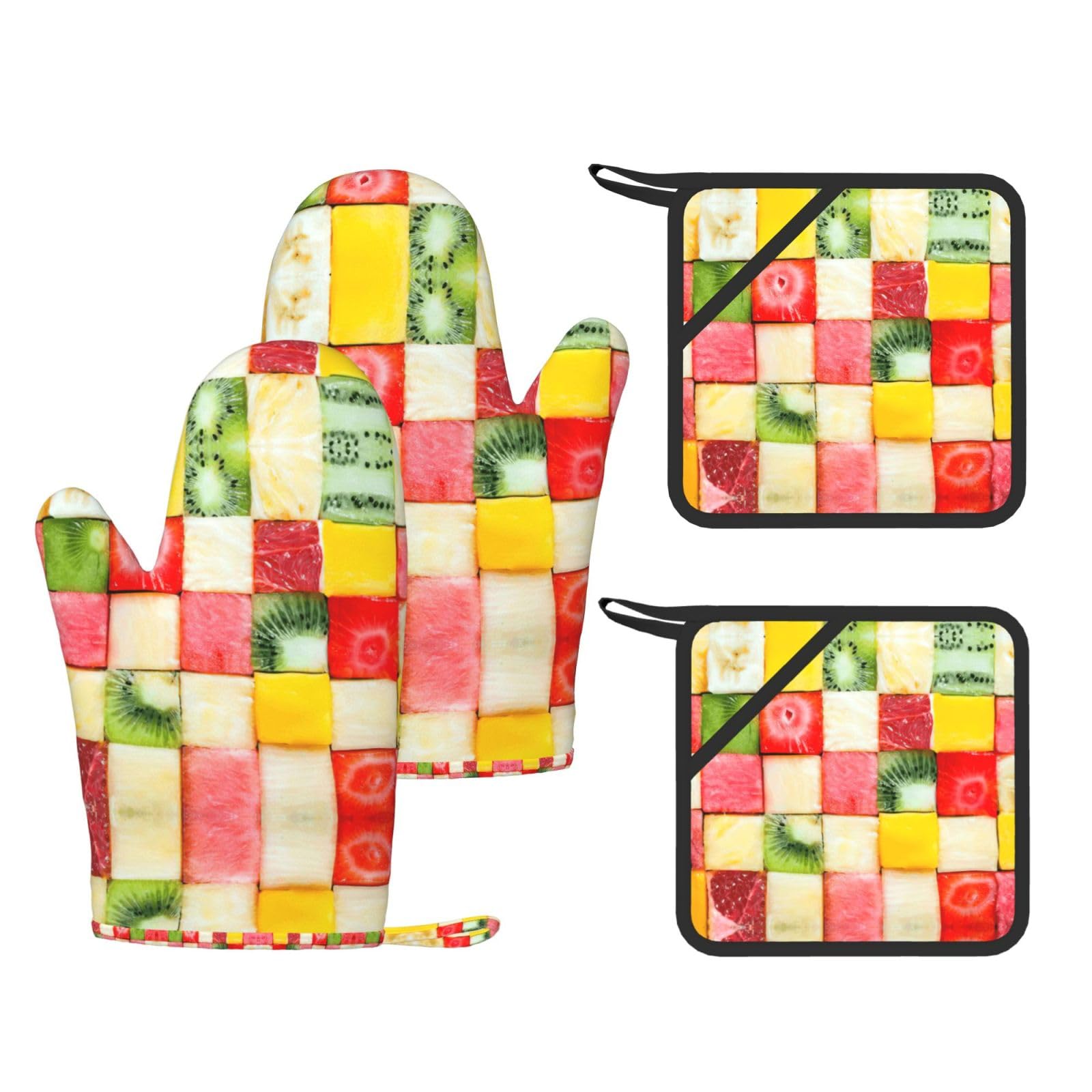 Kiwi Watermelon Printed Oven Gloves and Hot Pads Set of 4, High Heat Resistant Silicone Mitts for Cooking BBQ