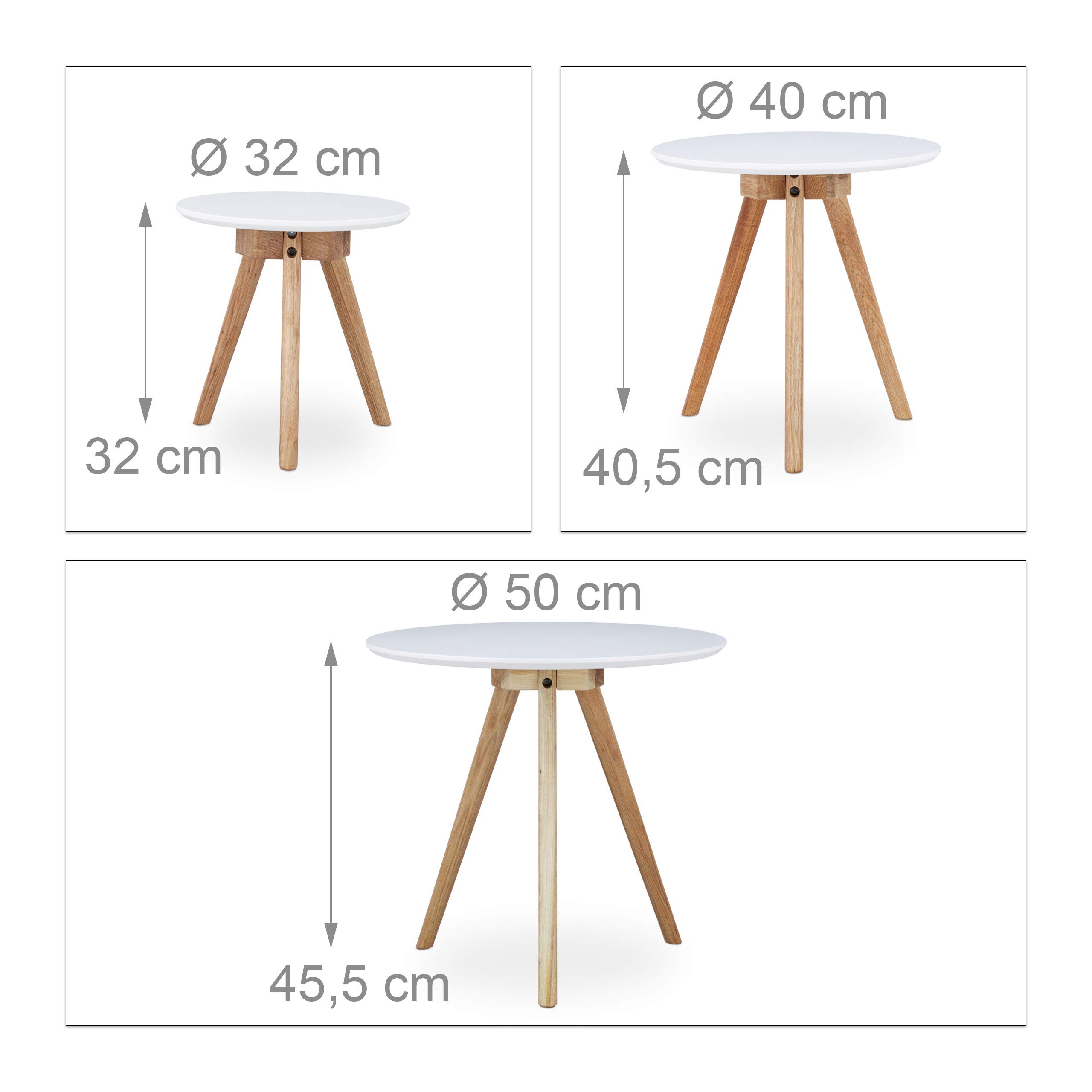 Relaxdays Beistelltisch 3er Set, Beine aus Walnussholz, weiße Tischplatte 50, 40, 32 cm, nordisches Design, weiß / natur
