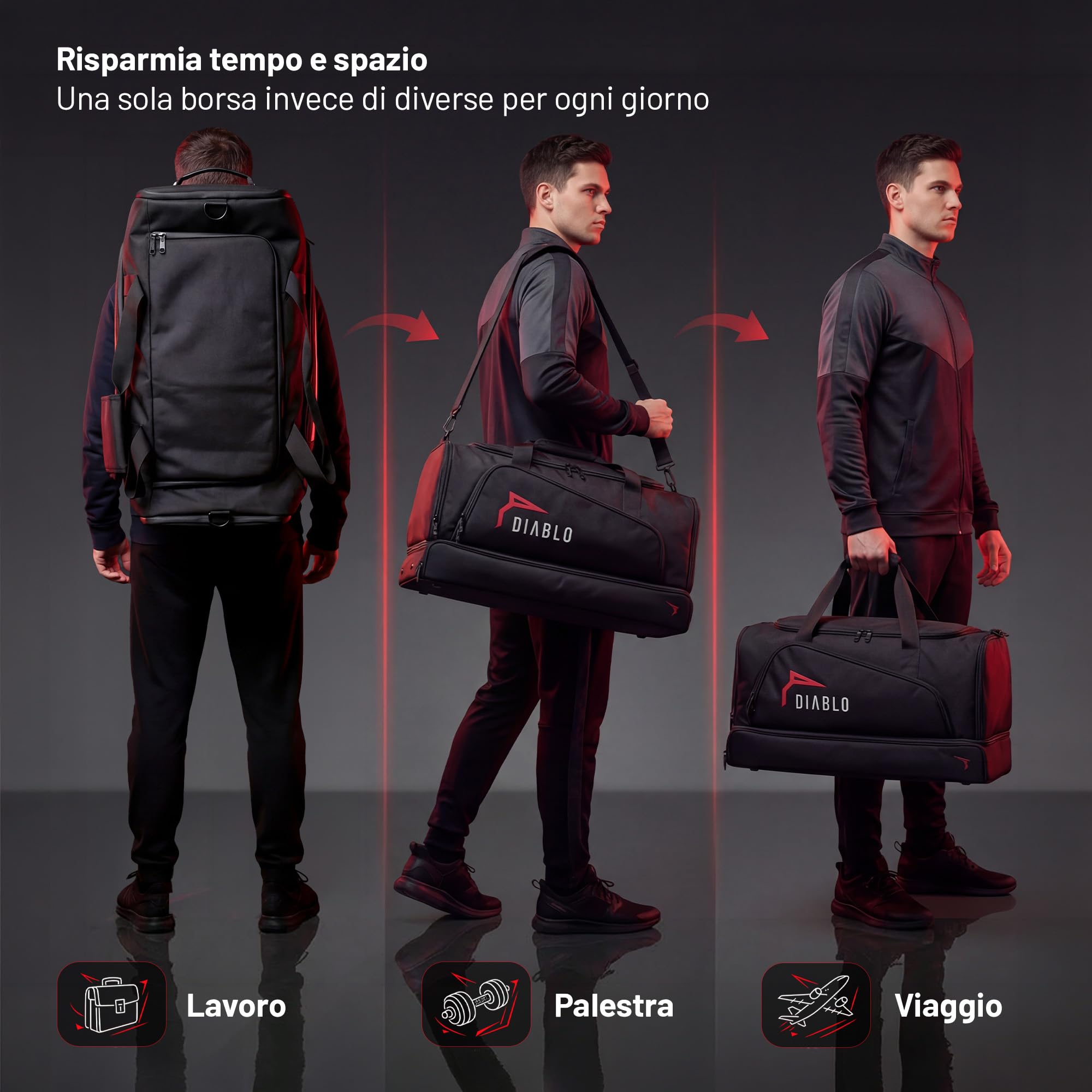 Diablo Borsa Sportiva Uomo Grande 68L Borsone Palestra con Scomparto Scarpe Zaino Multifunzionale Borsa Viaggio Fitness Impermeabile con Tasche Organizer Tracolla Regolabile