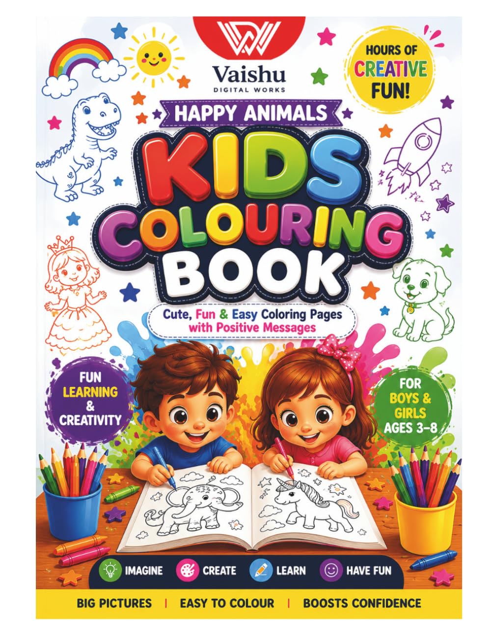 Happy Animals Coloring Book for Kids: Cute, Fun & Easy Coloring Pages with Positive Messages for Boys & Girls Ages 3–8