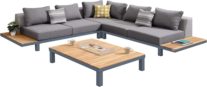 Armen Living Polo Outdoor Set in Dark Grey and Grey Powder Coat Finish