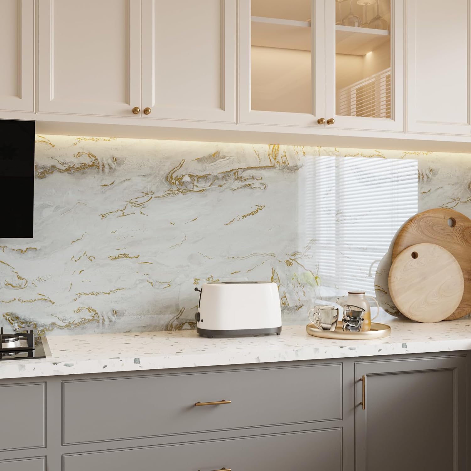 Beige Gray Gold Countertops Contact Paper Peel and Stick Waterproof Self Adhesive Marble Wallpaper for Table Furniture Sticky Modern Counter Top Cover Prepasted Glossy Wall Paper 23.6"x118"