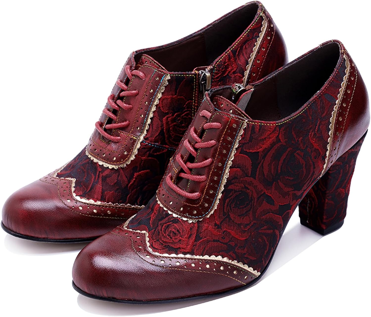 Women's Handmade Lambskin Oxford Loafers Shoes with Retro Ethnic Printed Style, Brock Design for Casual and Fashion Collegiate Style