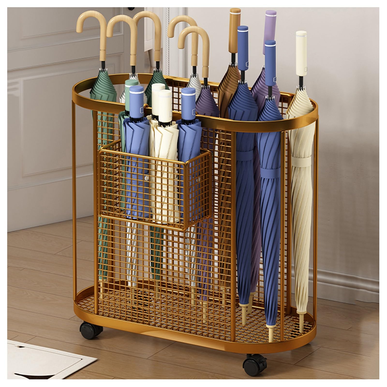 Porte-parapluie en fer forgé semi-ouvert avec double compartiment de stockage
