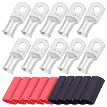 iGreely 10pcs 1/0 Gauge 5/16" Wire Lugs Ring Terminal Connectors Ends 1/0 AWG Heavy Duty Tinned Copper for Battery Cable Lug Wire Electrical Eyelets with 10pcs 31 Dual Wall Adhesive Heat Shrink