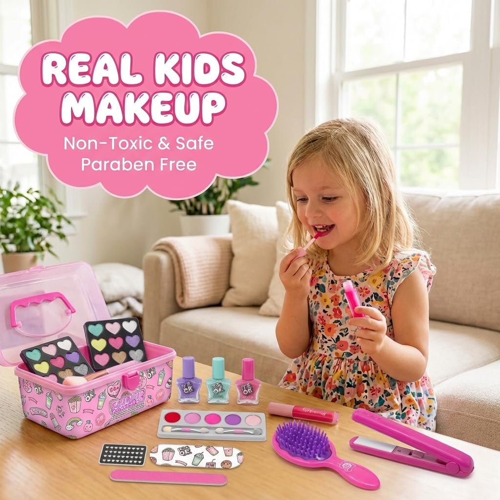 My Beauty Spot Kids Makeup Kit with Caboodle Case for Girls — Safe & Real Washable Makeup Set with Nail Polish, Lip Gloss, Eyeshadow, Nail Gem Sheet, Nail File & Play Hair Tools, Ages 6+ Gifts
