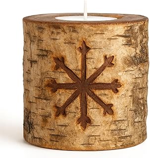 White Birch Snowflake Carved Wood Tealight Candle Holder, Snowflake Holiday Home Decor, Decorations