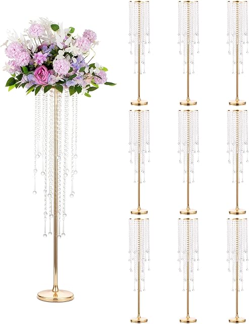 Sziqiqi Tall Table Centerpiece for Weddings Gold with Crystal Beads - 39.4in Wedding Table Decoration for Ceremony Flowers Arrangements Display Rack for Road Leads T-Stage