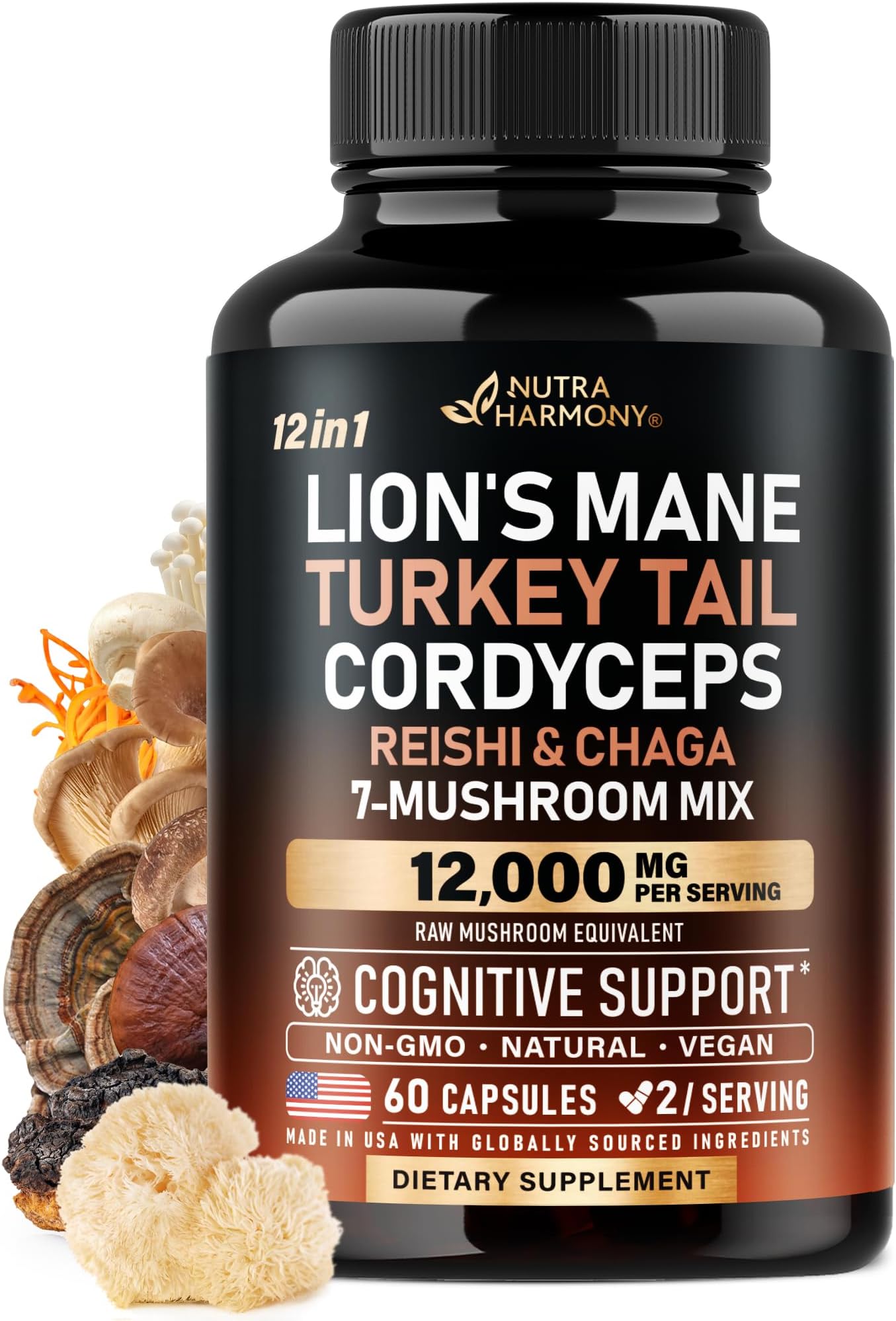 Mushroom Supplement - Organic Lions Mane | Turkey Tail | Chaga | Cordyceps | Reishi | Maitake | Shiitake | Meshima | Tremella | Oyster | Agaricus - Made in USA - Non GMO, Gluten Free - 60 Capsules