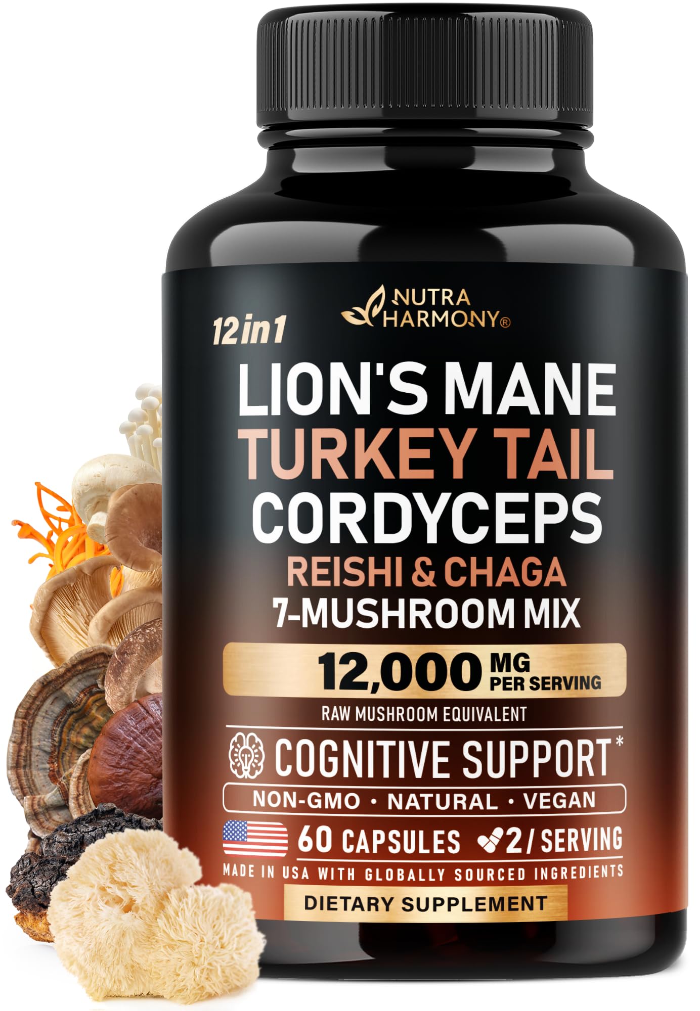 Mushroom Supplement - Organic Lions Mane | Turkey Tail | Chaga | Cordyceps | Reishi | Maitake | Shiitake | Meshima | Tremella | Oyster | Agaricus - Made in USA - Non GMO, Gluten Free - 60 Capsules