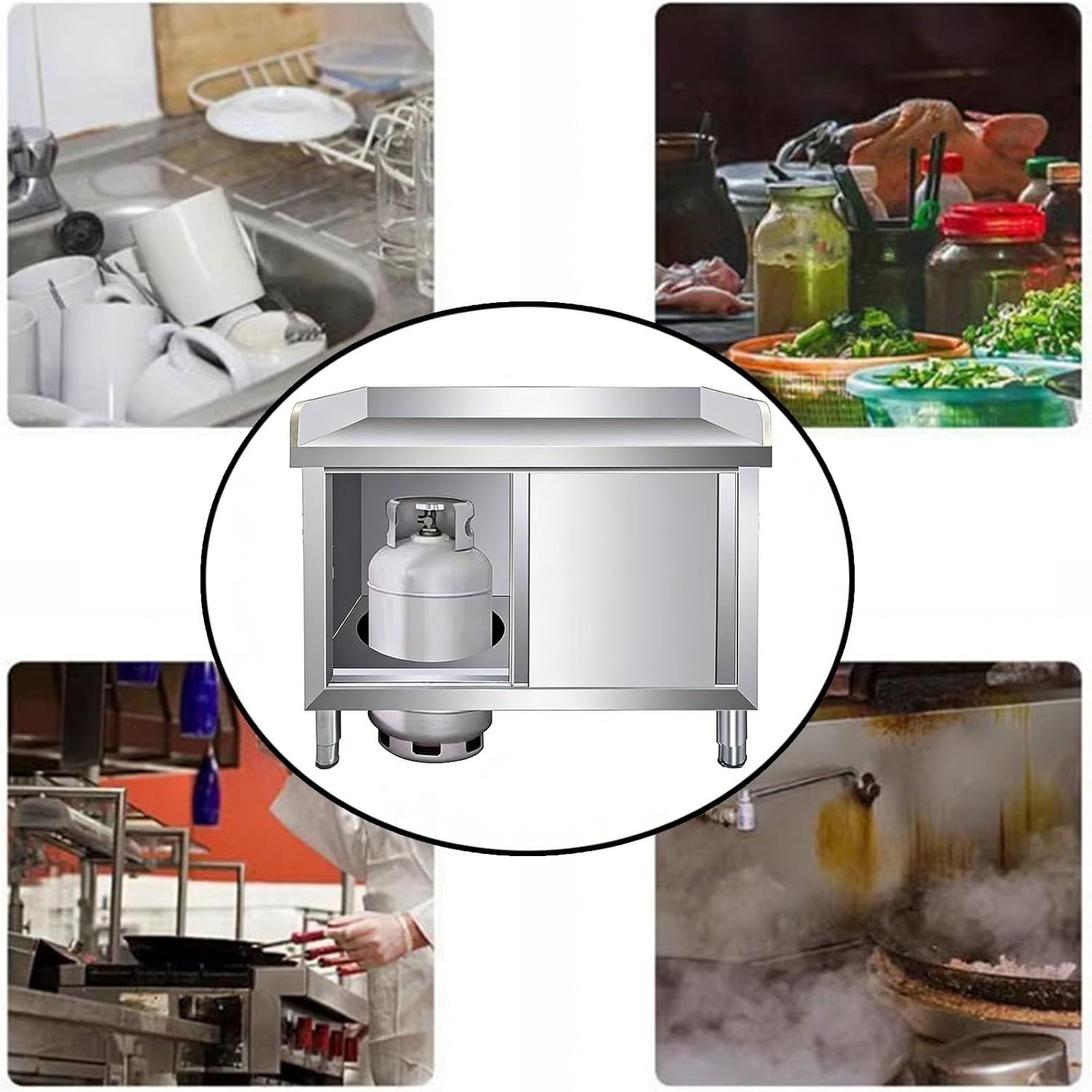 Three-Sided Workbench with Stainless Steel Sliding Doors Worktable Fully Welded Construction Spacious Storage for Gas Cylinders Metal Kitchen Prep Counter Adjustable Feet(100x60x80cm)