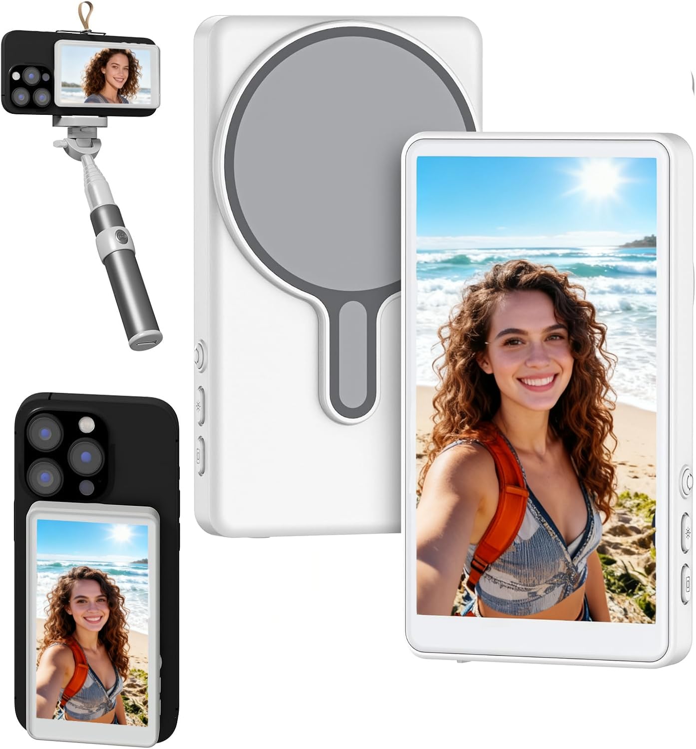 Vlog Selfie Monitor Screen, Magnetic Phone Vlog Selfie, Wireless Screen Mirroring, Back Camera Monitor for Live Stream TikTok, Compatible with iPhone & Android (White) - White