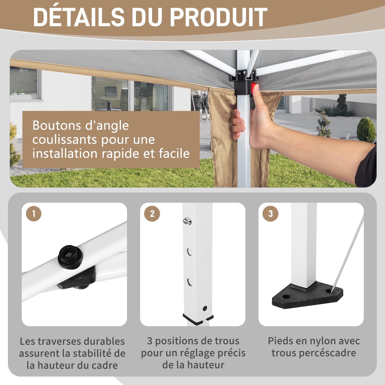 LEADZM Tonnelle Pliable 3x3 m Imperméable Anti-UV 50+, Hauteur Ajustable avec 4 Moustiquaires, Structure Stable, pour Jardin, Terrasse, Camping Et Usage Professionnel,Kaki