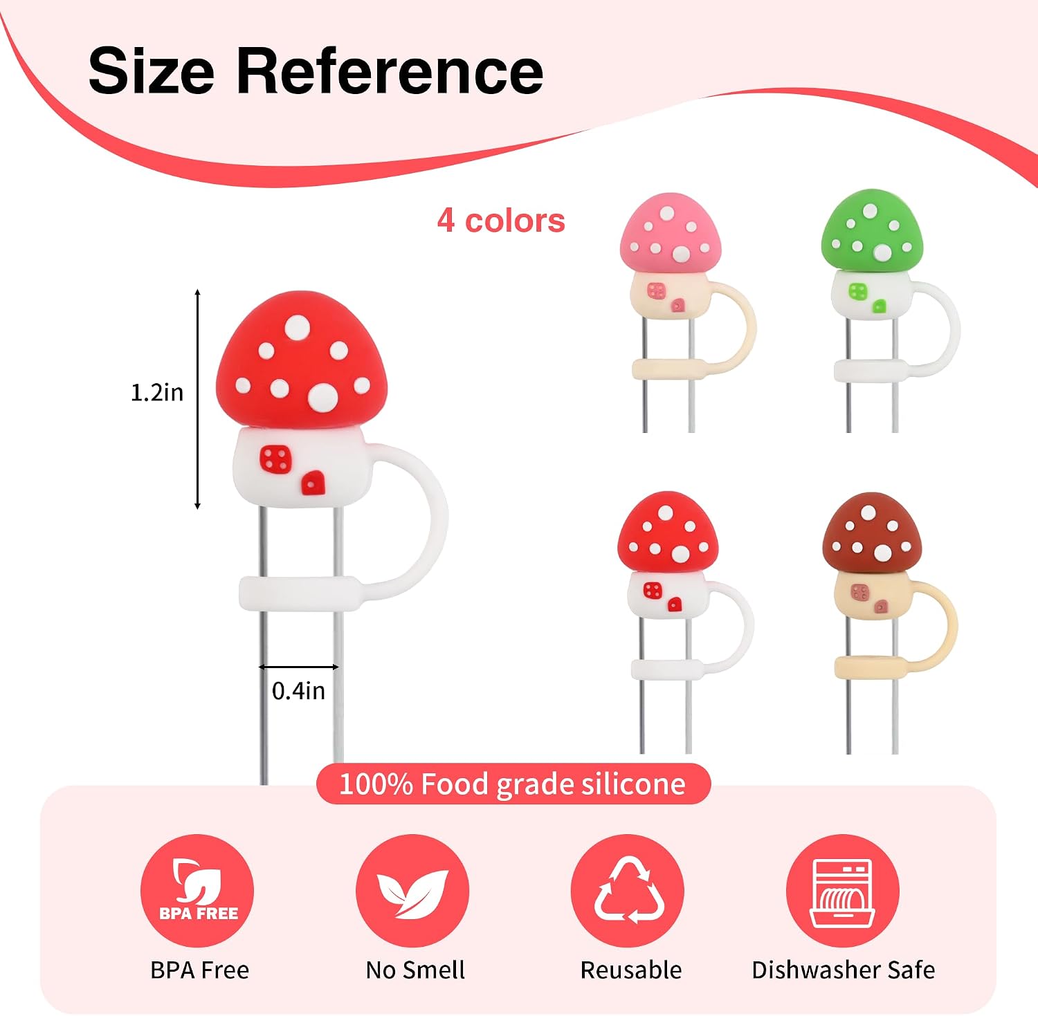 4 Pcs Mushroom Straw Toppers for Stanley Cup,Silicone Straw Topper for Stanley Cups 20&30&40 Oz,Reusable mushroom straw covers fits perfectly with all types of 10mm/0.4inch straws