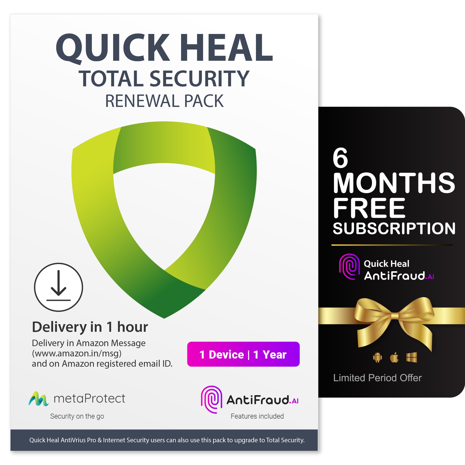 - Quick Heal Total Security Renewal Upgrade Silver Pack - 1 User, 1 Year (Email Delivery In 1 Hour- No Cd) Existing Single User Subscription Needed + Get 6 month AntiFraud.AI Key for IOS and Android