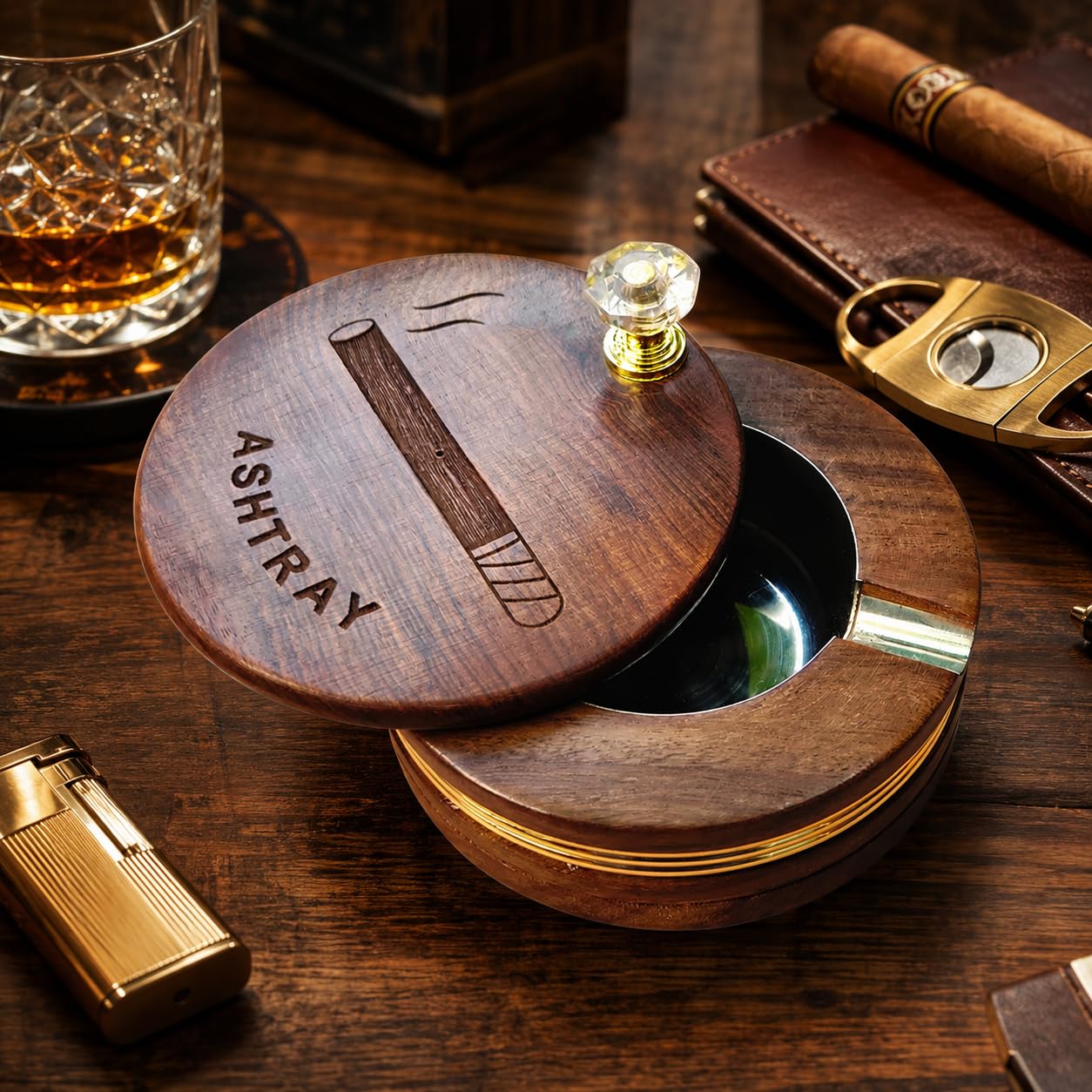 Craftland Handmade Wooden Round Ashtray With Cover and Steel Lid For Home Bar Office Car Table And Gifts-picture-10