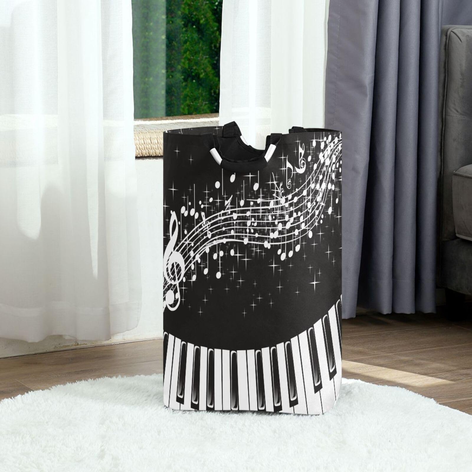Jihqo Laundry Hamper Basket Piano Musical Notes Collapsible Nursery Storage Bin Waterproof Clothing Baskets for Home Bedroom Bathroom Washing Room