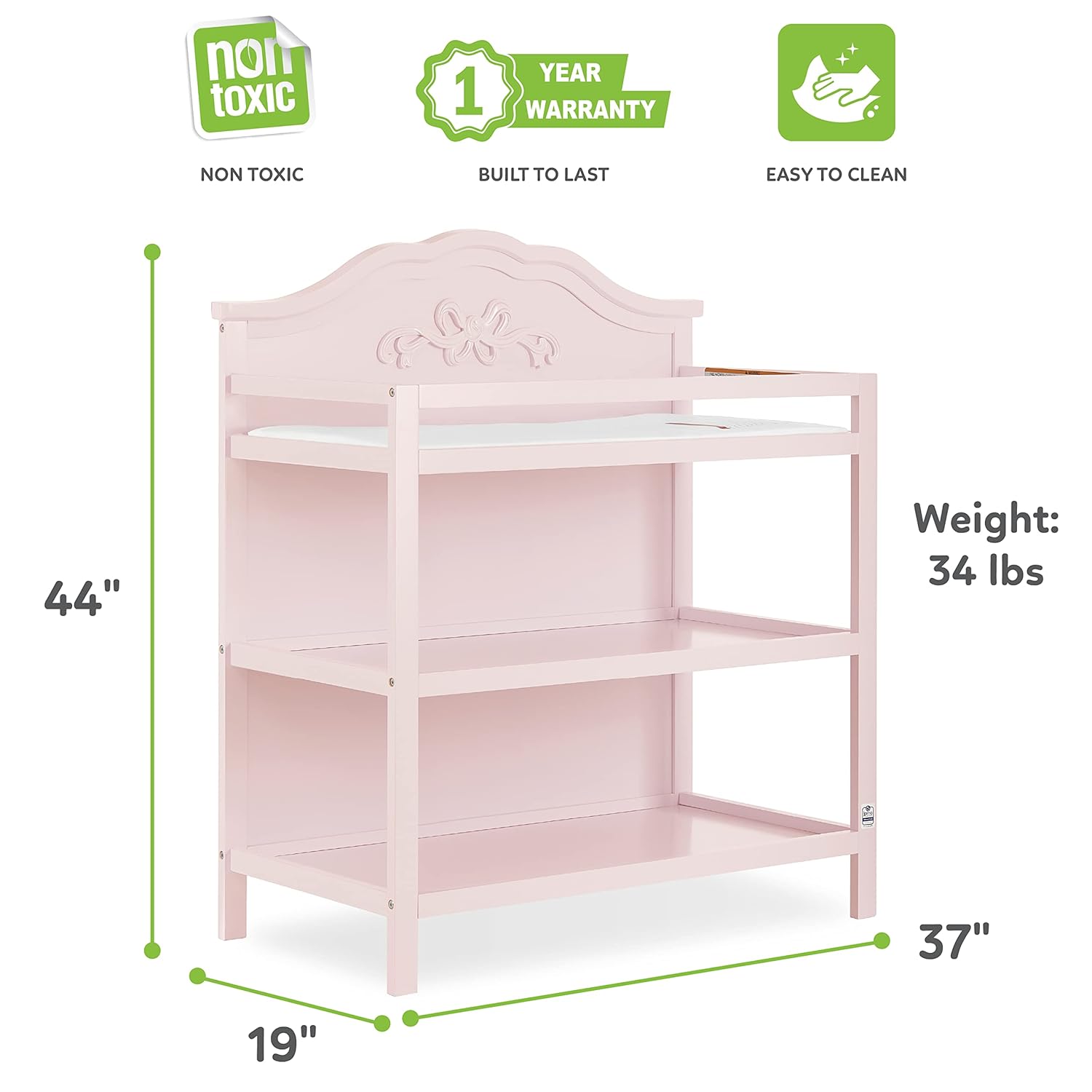 Sweetpea Baby Jasmine Changing Table in Blush, with Fixed Shelves, 1" Mattress Pad, Safety Strap, Safety Rails, New Zealand Pinewood Baby Changing Table : Baby