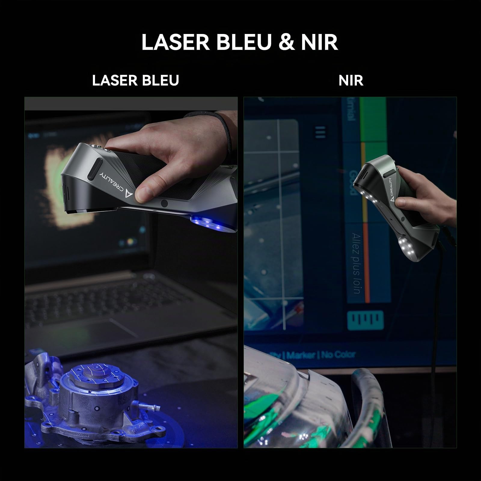 Creality CR-Scan Raptor Scanner 3D, 60 PFS, Portable, Prend en Charge le Mode Double Lumière Bleue/Proche Infrarouge, Précision 0,02 mm, 5mm-2000mm Numérisation/Rétro-Ingénierie de Pièces Automobiles