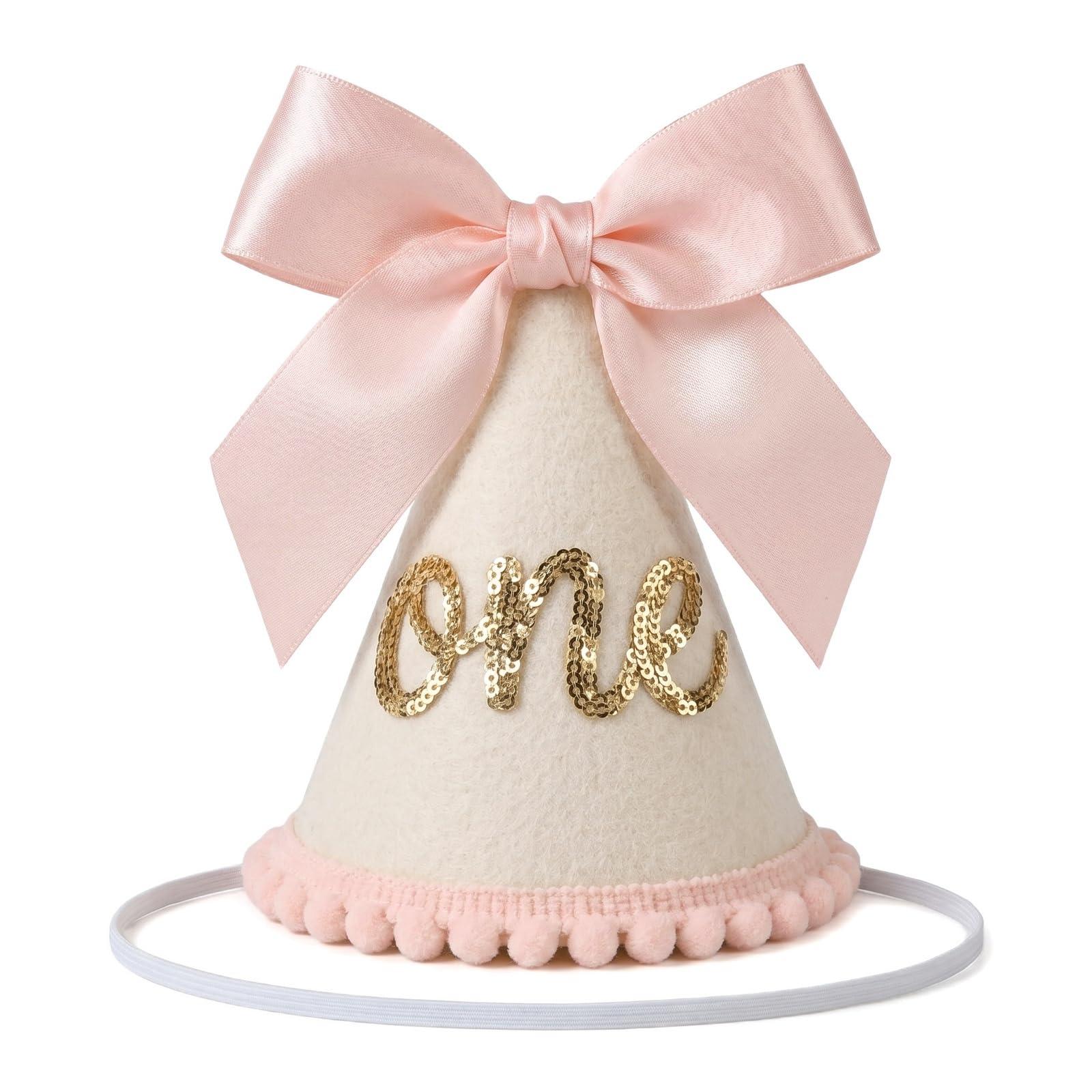 Kemay 1st Birthday Hat for Baby Girls Boys - Glitter First Birthday Crown with Pink Bow, Soft Felt One Birthday Decorations for 1 Year Old Photoshoot, Cake Smash & Party Supplies