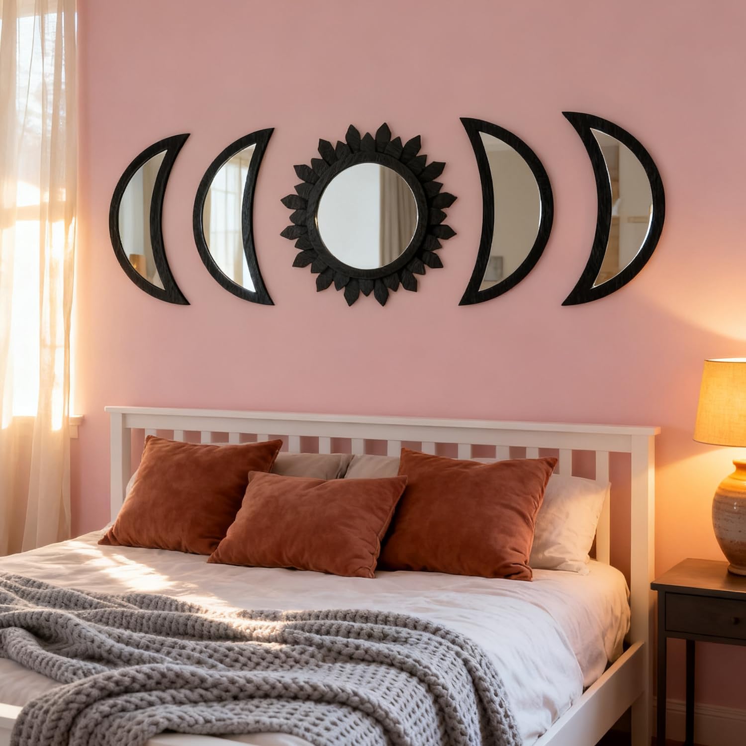5 Pieces Moon Phase Mirror Wall-Mounted Wall Decor Mirrors Natural Wooden Sunburst Bohemian Wall Art for Home Living Room Bedroom Decoration