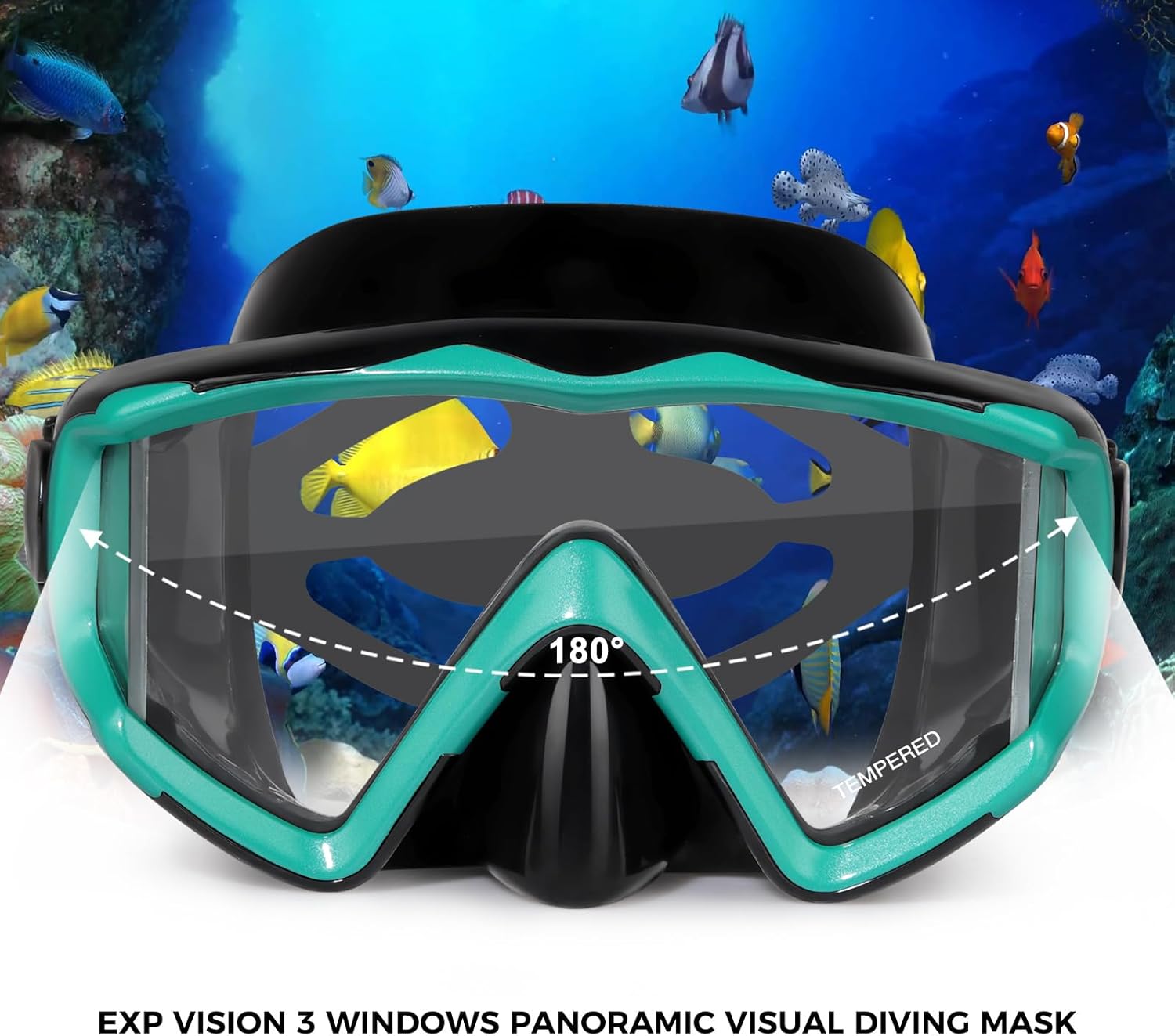 Adult Pano 3 Scuba Diving Mask, Tempered Glass Snorkel Mask Anti-Fog Swim Mask No Leakage Swim Goggles with Nose Cover Snorkeling Gear for Snorkeling, Freediving, Swimming Black/ Aque