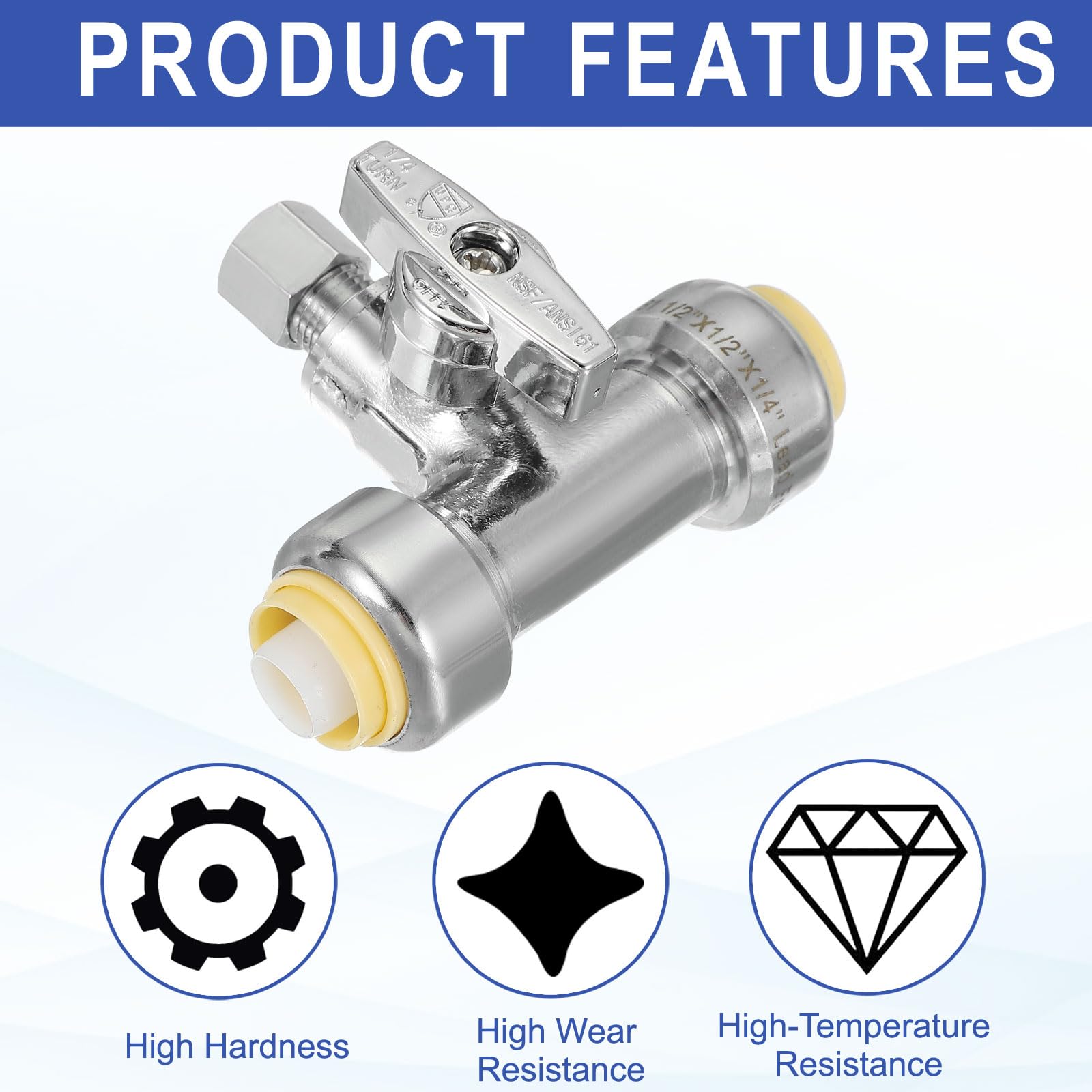 PATIKIL Tee Stop Valve 1/2" x 1/2" x 1/4" Compression Water Shut Off Valve 1/4 Turn Operation with 1/2" Disconnect Clip & Sealing Tape for Faucet Toilet Pex Copper Cpvc Pipe Brass - Image 3