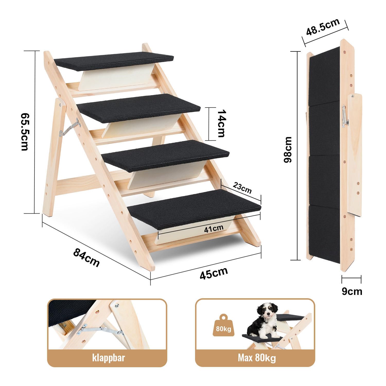 Escalera y Rampa para Perros 2 en 1,4 Peldaños de Madera de Pino,Plegable con Alfombra Antideslizante,Soporta hasta 80 kg,para Perros Pequeños,Medianos,Grandes y Mayores,Cama y Sofá,Interior | Cama para perros, altura ajustable y antideslizante, para perr