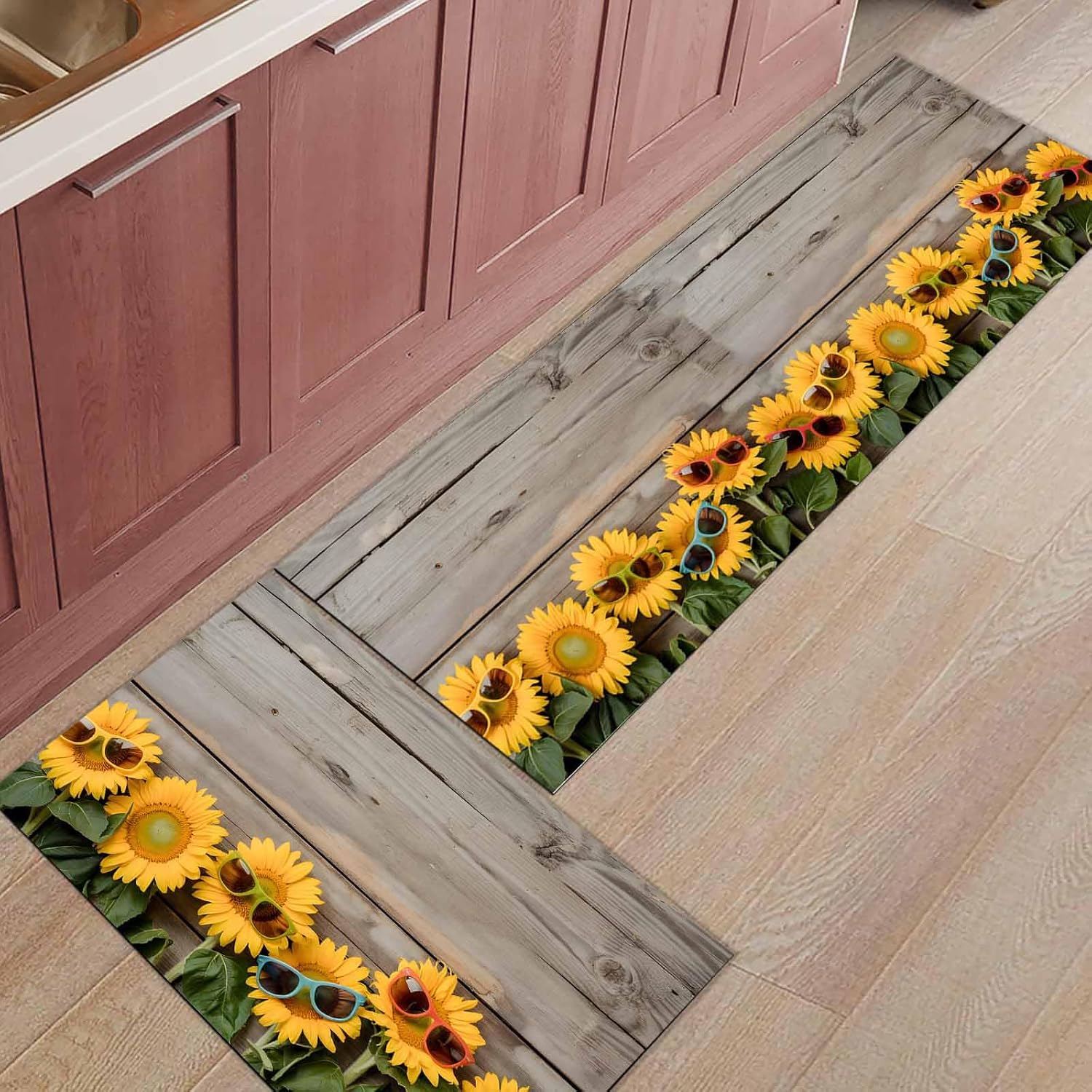 2 Pieces Kitchen Rugs and Mats,Abstract Sunflower with Sunglasses Area Runner Rug Set Non Slip Floor Doormat Washable Carpet Standing Mat for Kitchen Sink Indoor Corridor,Summer Flower on Wood Board