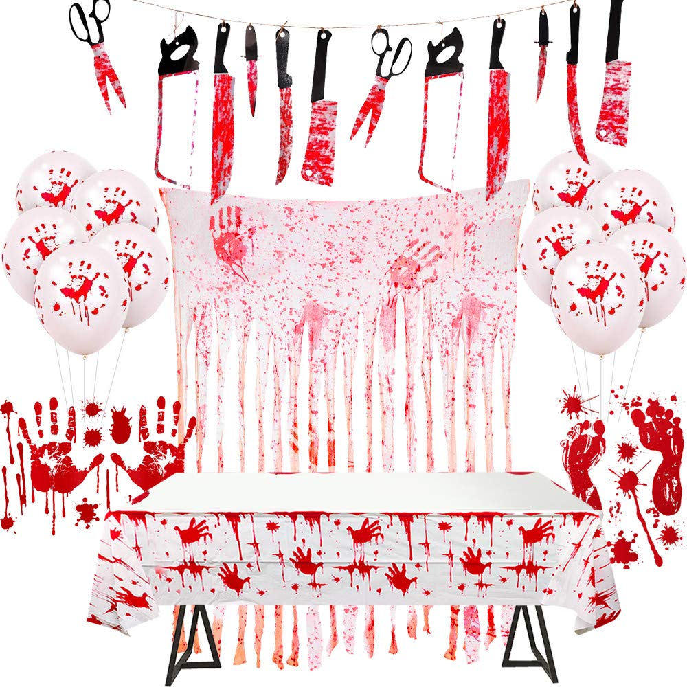 MOVINPE Halloween Bloody Party Decorations, Scary Knife Weapons Garland Hanging Banner, Blood Splatter Tablecloth, Doorway Curtain, Handprints and Footprints Window Stickers, Balloons