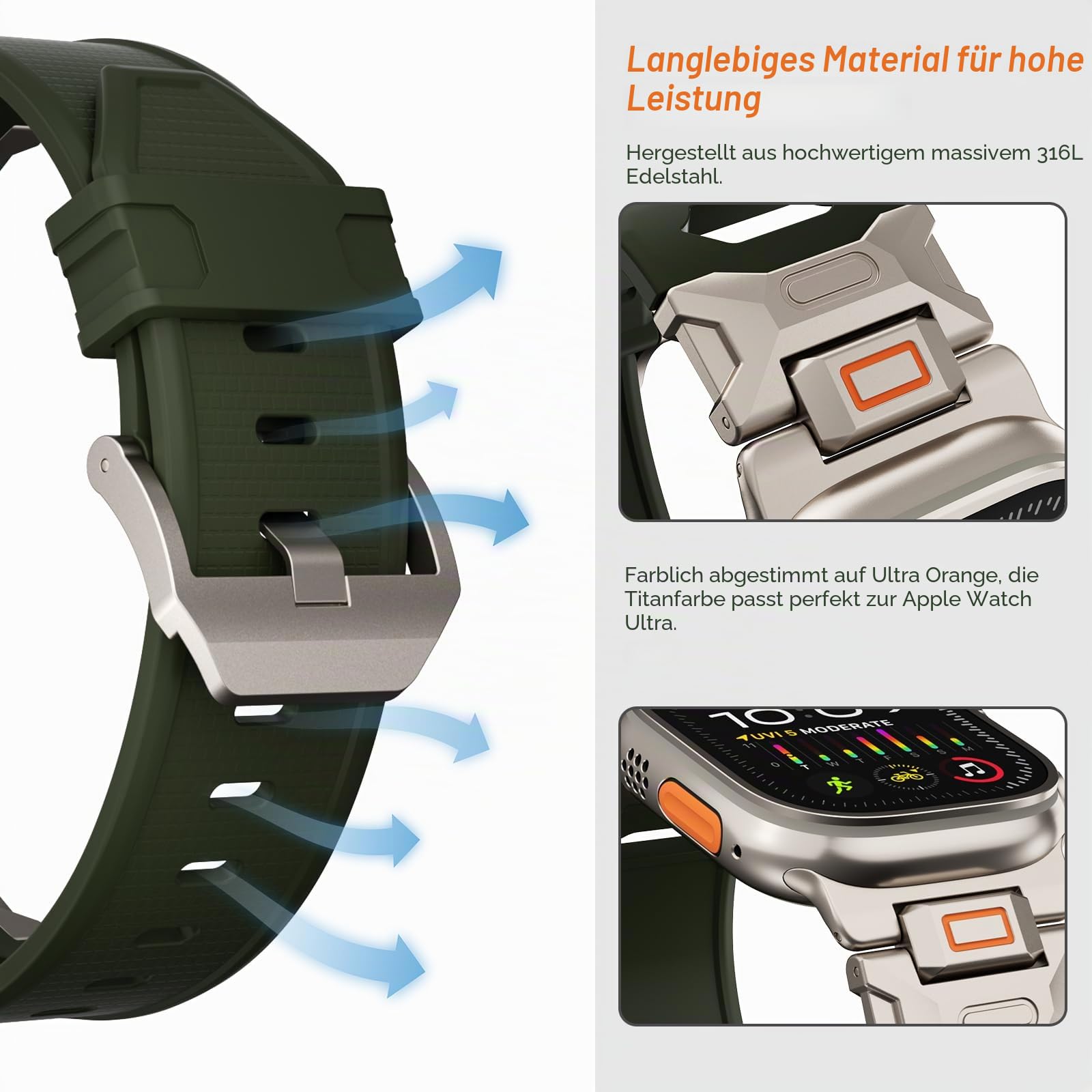 Armband für Apple Watch Ultra 2 und Ultra – Fluorkautschuk (FKM) Sportarmband, Metallanschluss, 49 mm, für Apple Watch Ultra 2/Ultra/Serie 9/8/7/6/5/4/3/2/1/SE, 45 mm, 44 mm, 42 mm
