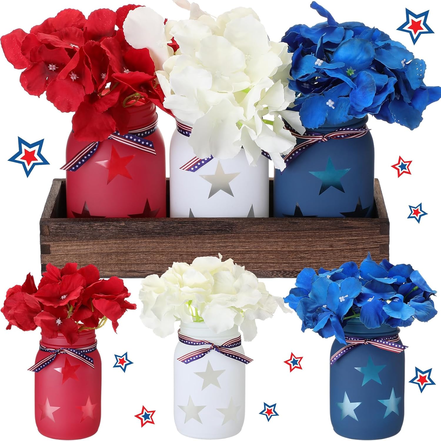 Domensi 4th of July Patriotic Table Decoration Set Rustic Wood Tray with 3 Pcs Mason Jar Centerpieces with String Lights 3 Pcs Artificial Colorful Flower for Independence Day Centerpiece Labor Day