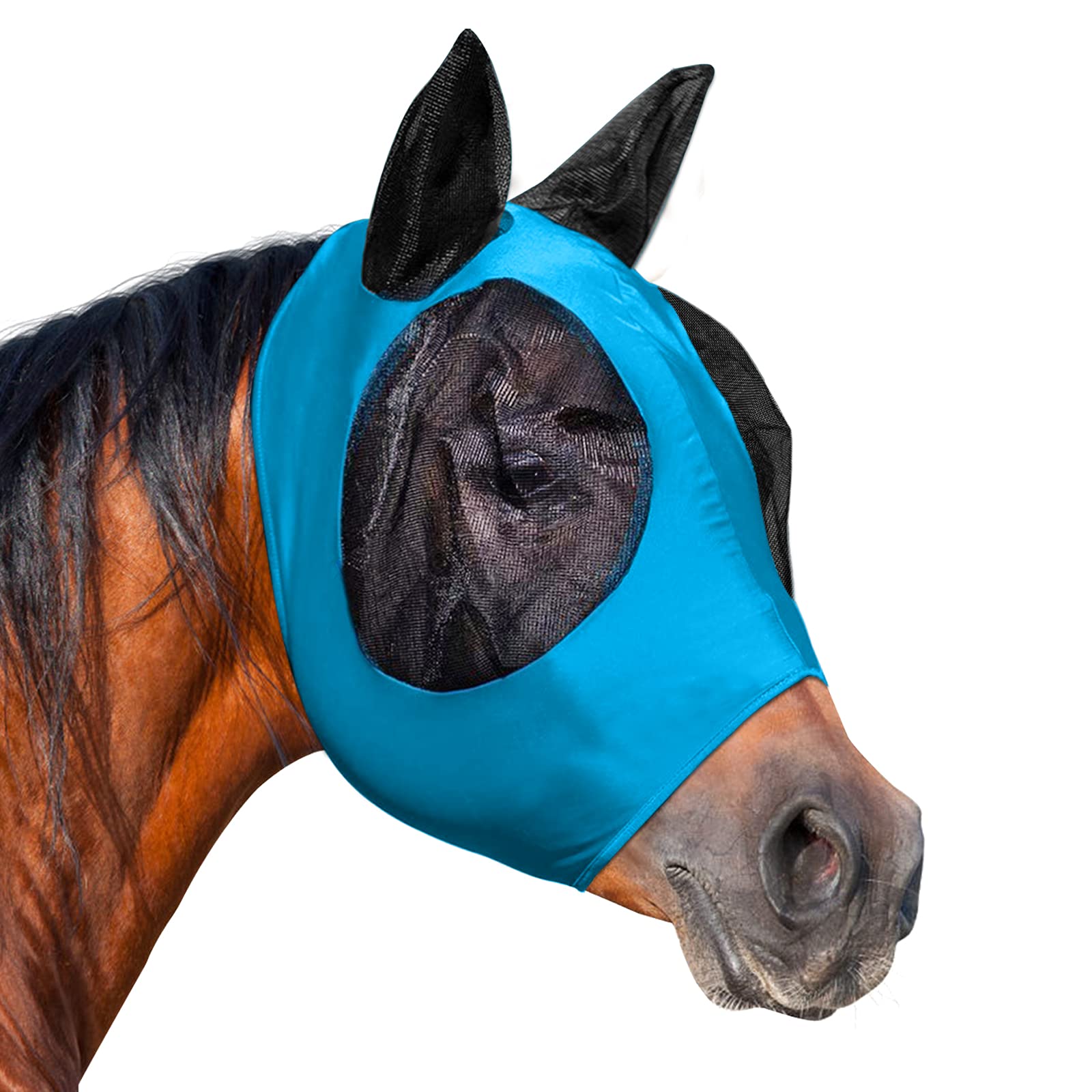 Horse Fly Mask, Fly Masks for Horses with Ears, Smooth & Elasticity Lycra Fly Mask, Avoid Equine Fly and UV Protection, Full Size for Cob, Horse (Azure, Full (Large))