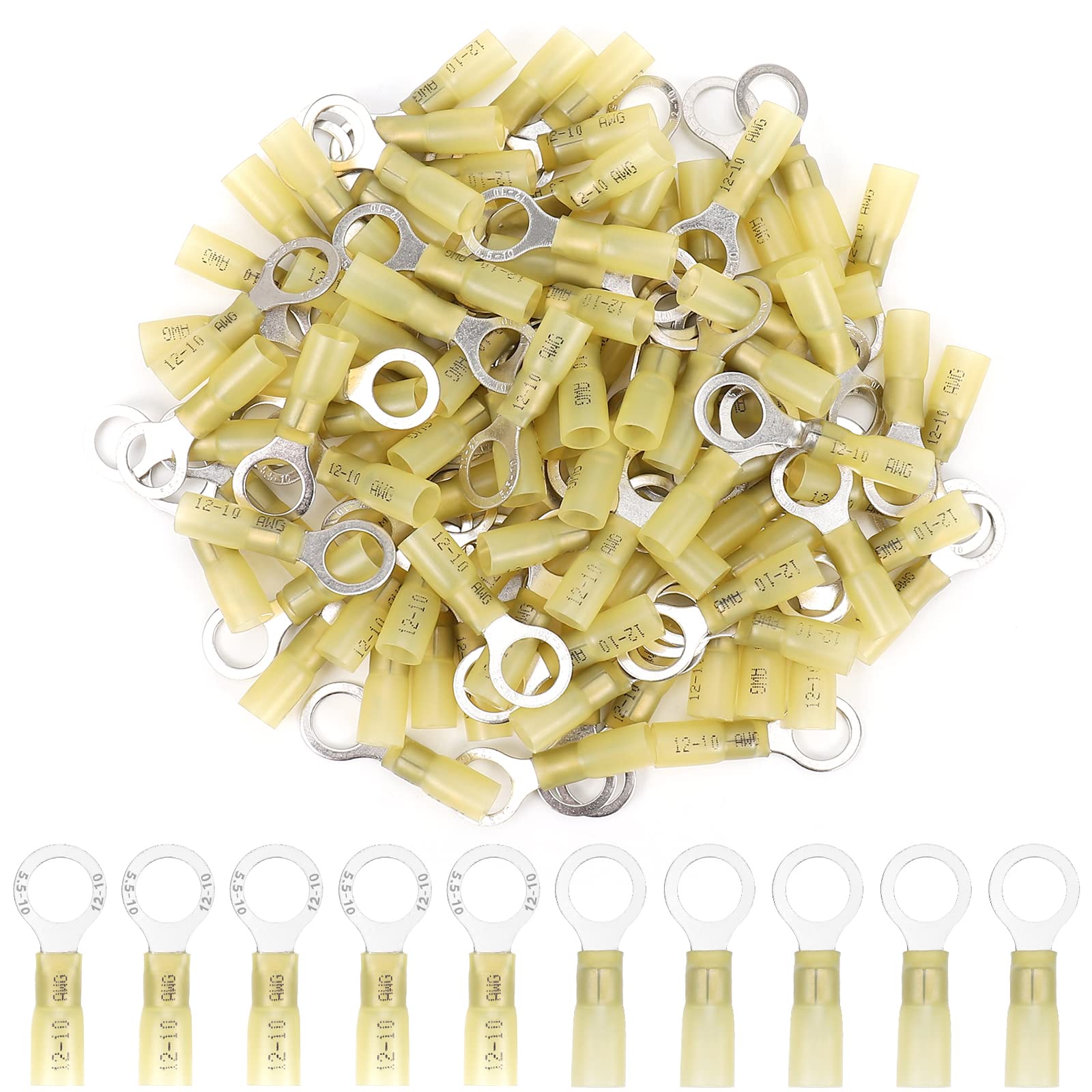 100 PCS 3/8'' Heat Shrink Ring Terminals (12-10 AWG), Insulated Ring Terminals, Nylon Eyelet Wire Connectors, Insulated Crimp Electrical Connectors,