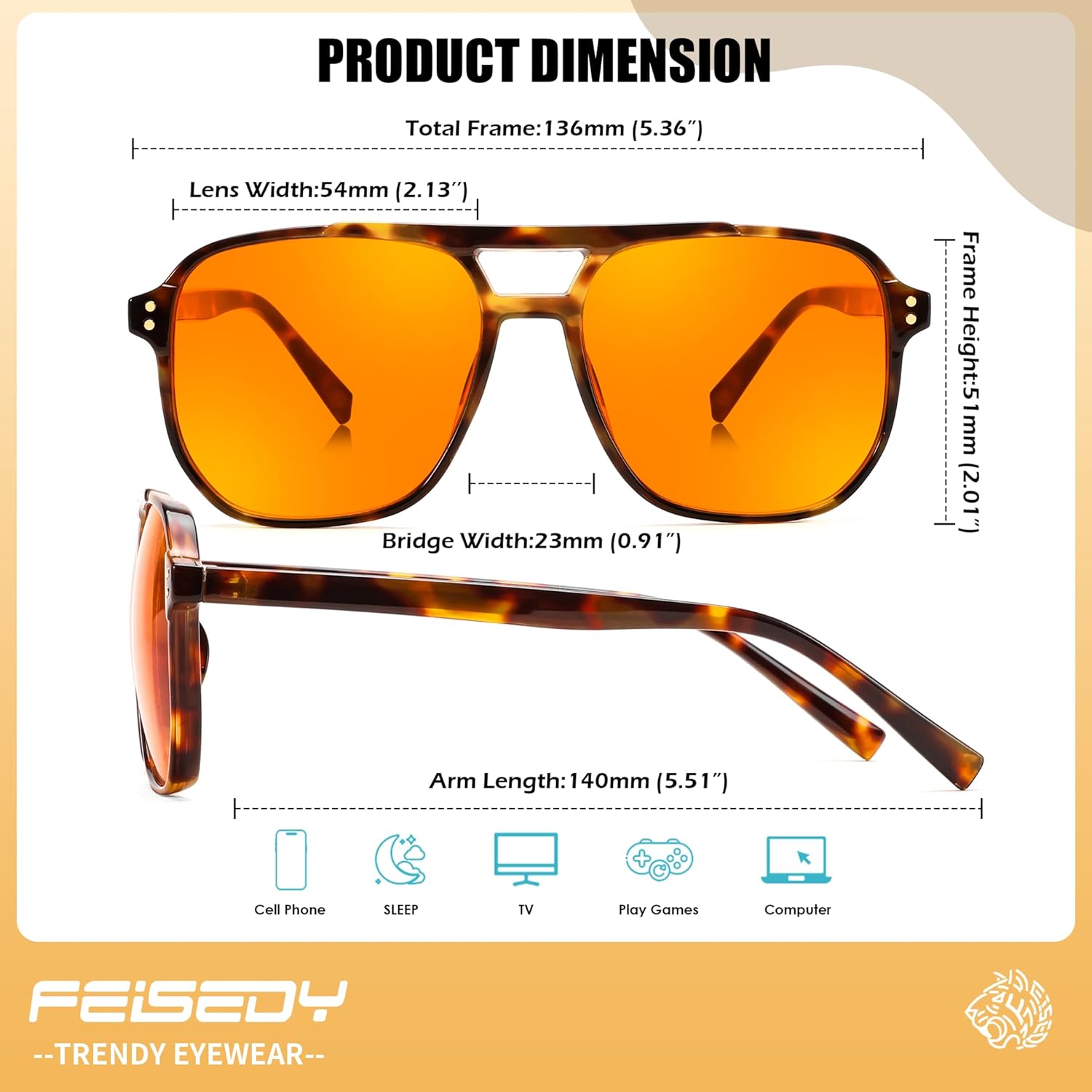 FEISEDY Amber Blue Light Glasses for Computer Gaming Orange/Yellow lens Anti Eyestrain Sleep Glasses G2835 - Image 6