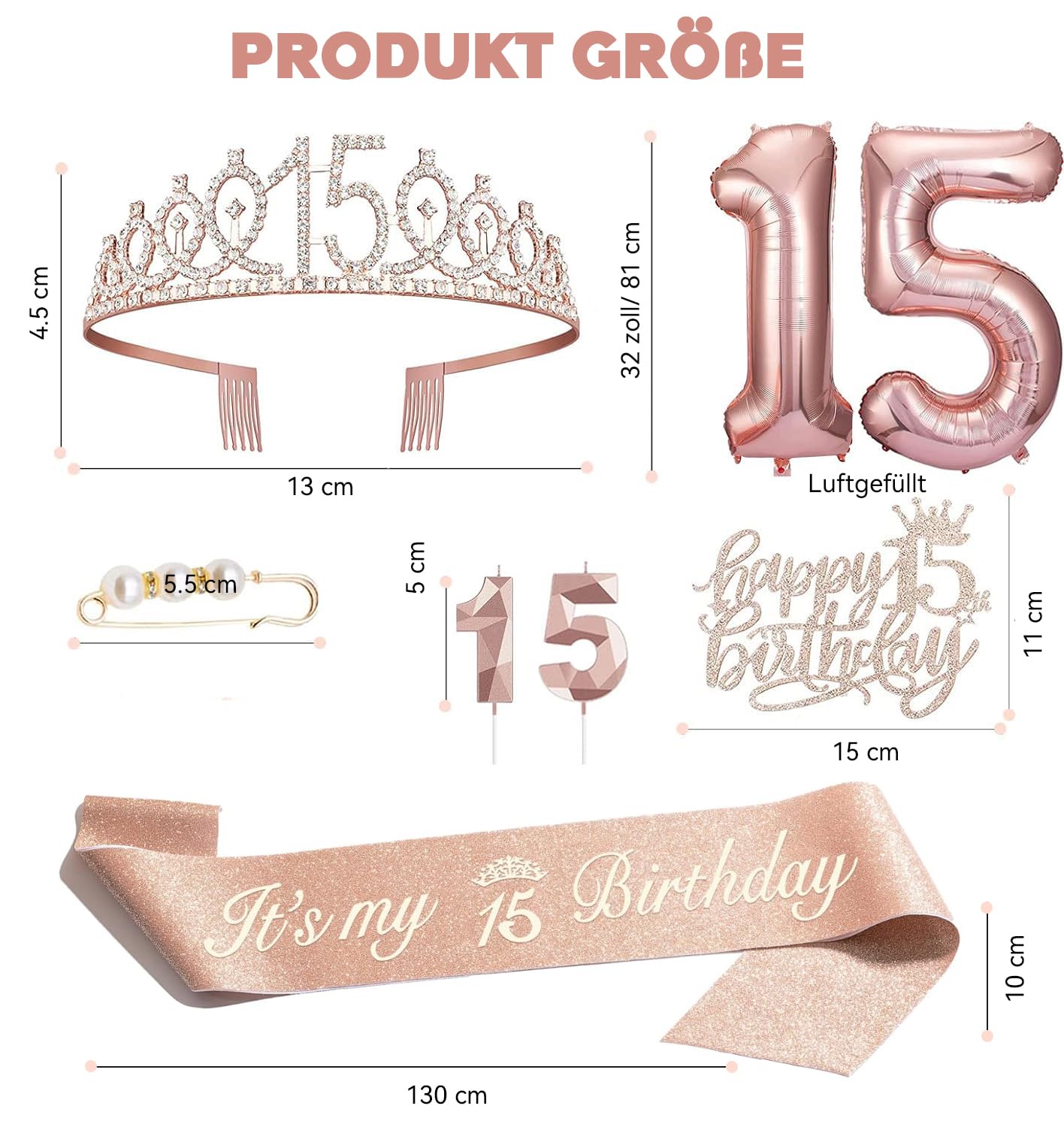 Dekoracja na 15 urodziny dziewczynki, korona i szarfa z okazji 15. urodzin, dekoracja tortu Happy Birthday i świeczki, balon foliowy w kolorze różowego złota 15, prezent urodzinowy dla dziewczynek 15