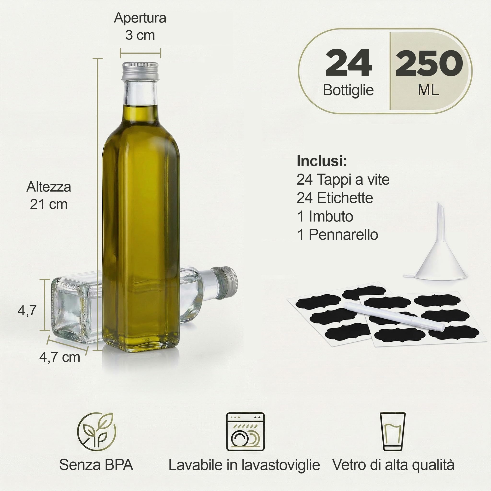 24 bottiglie vetro 250ml – bottigliette di vetro piccole 250 ml – bottiglia vetro 250 ml – per liquore sciroppi olio – tappo a vite – con etichette imbuto matita