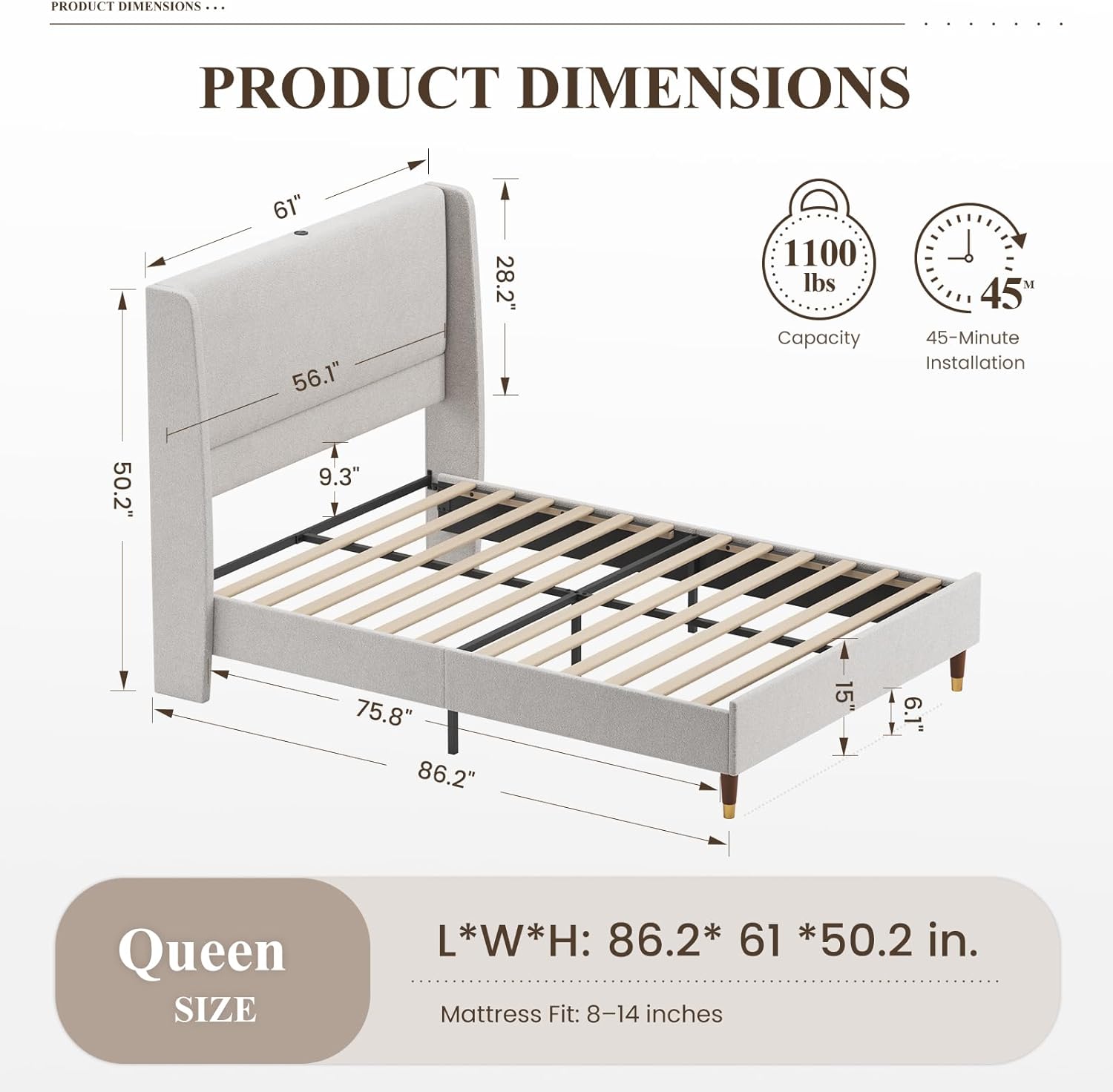 MALOL Queen Size Bed Frame with Upholstered Headboard, Linen Fabric Platform Bed Frame with USB Charging Ports, No Box Spring Needed, Sturdy Metal Support, Noise Free, Modern Bedroom Furniture,Grey