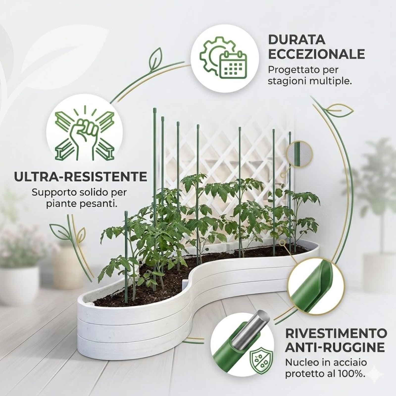 25PZ Cannette in Metallo Plasticato ø16 mm h. mt 2,10 Tutore in Metallo Rivestito in Plastica, Canne Reggi Piante a Superficie Zigrinata Idelae per Orti, Serre, Vivai, Giardini Ancoraggio