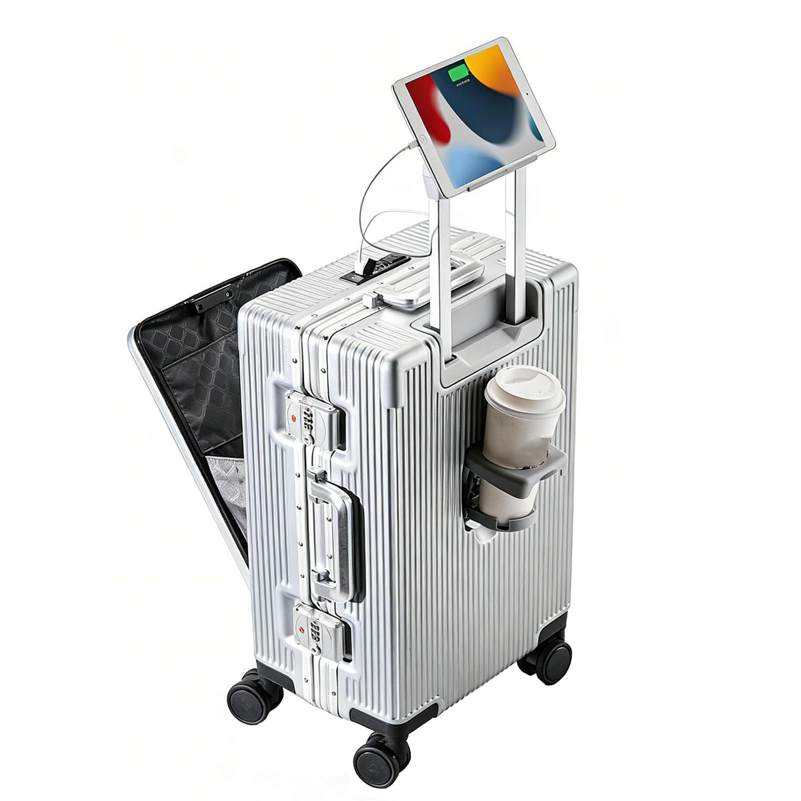Valigia da Viaggio in Alluminio con Apertura Anteriore, Trolley Valigie Rigido in PC, Porta USB, Portabicchiere, Ruote Girevoli Silenziose, Porta Tazza, Chiusura TSA (Argento, XL)
