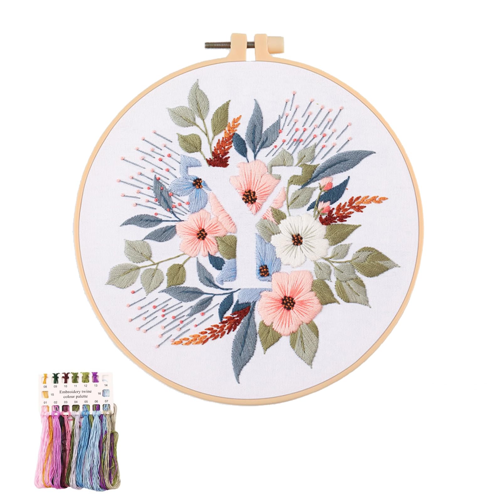 artcici Embroidery Kits Plant Flower Leaf English Letter Patterns for Beginners Adults, Full Range Embroidery Starter Kits Cross Stitch Needlework Supplies (Letter Y)