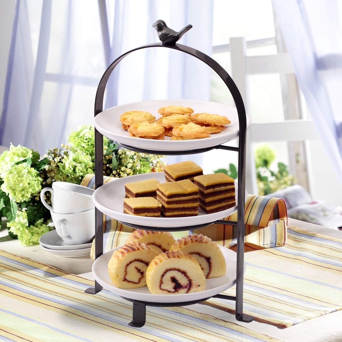BestVidaSparkWorks 3 Tiered Cake Stand, Tea Party Serving Platter, Dessert and Cupcake Stand, Metal Tiered Serving Stand Includes Three Premium White Stoneware Plates
