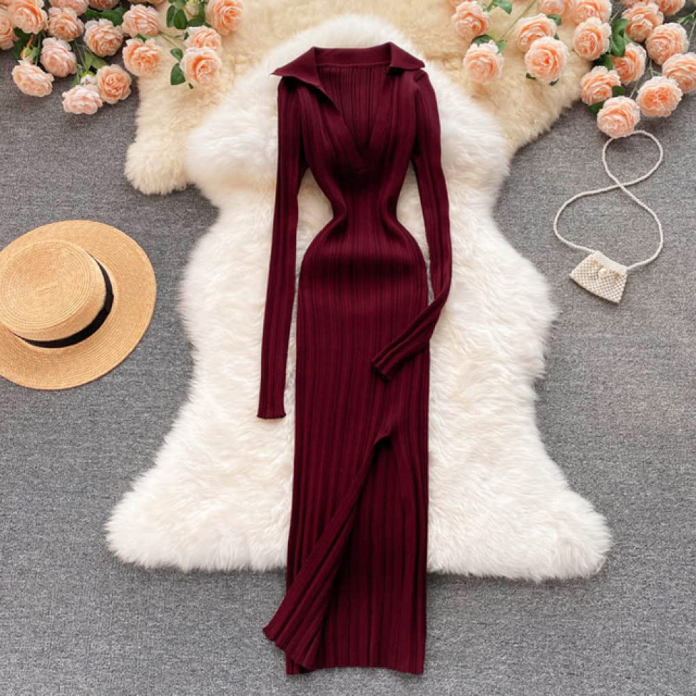 HAIBI Femme Longues Manches Robe Tricotée À Manches Longues Élastique Slim Crayon Robes Automne Sexy Moulante Split Robe Pull, Vin Rouge, Taille Unique