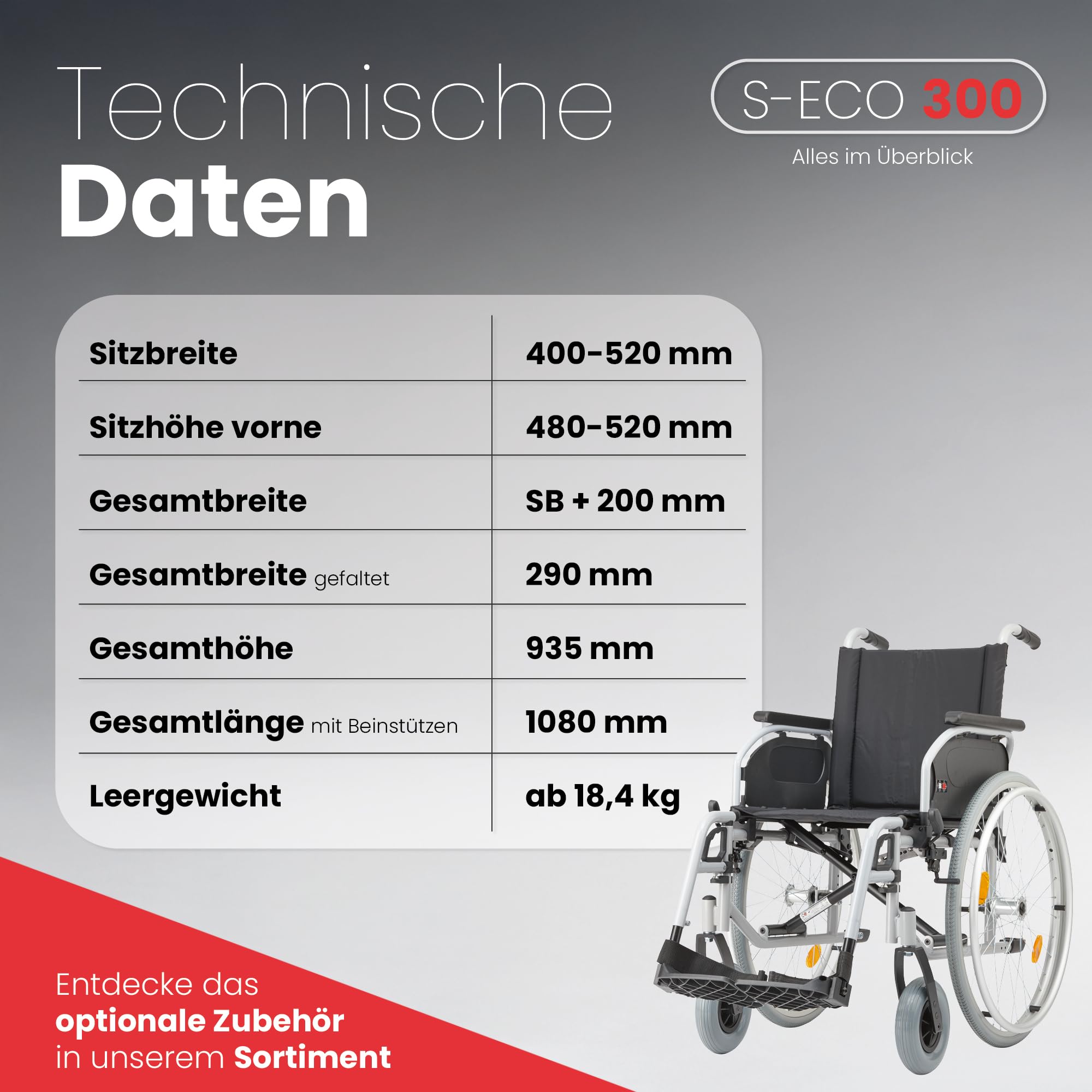 Bischoff & Bischoff® S-Eco 300 Fauteuil roulant pliable léger - Hauteur d'assise réglable - Fauteuil roulant de voyage pliable avec fourche en métal - Accoudoirs Duo (largeur d'assise 52 cm)