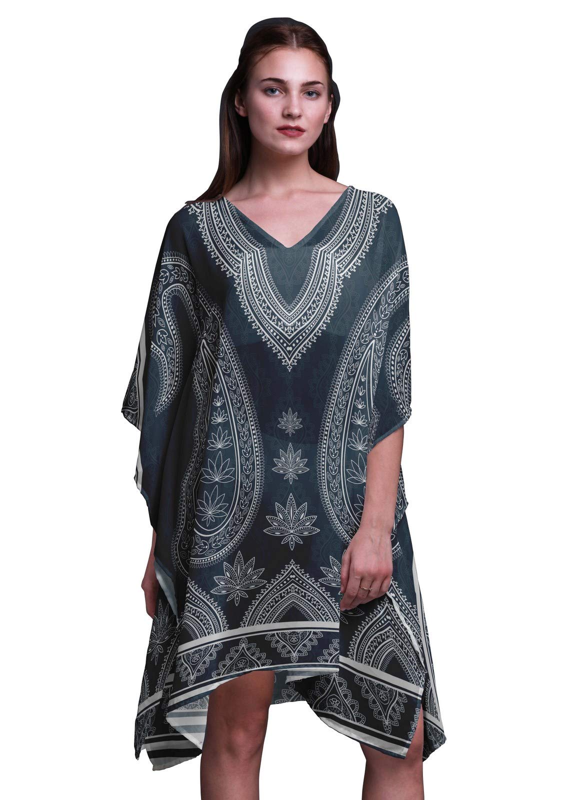 Phagun Negro Florales y Cachemir Damas Talla Extra Kaftan Ropa de Verano Ropa de Playa Kimono Caftan