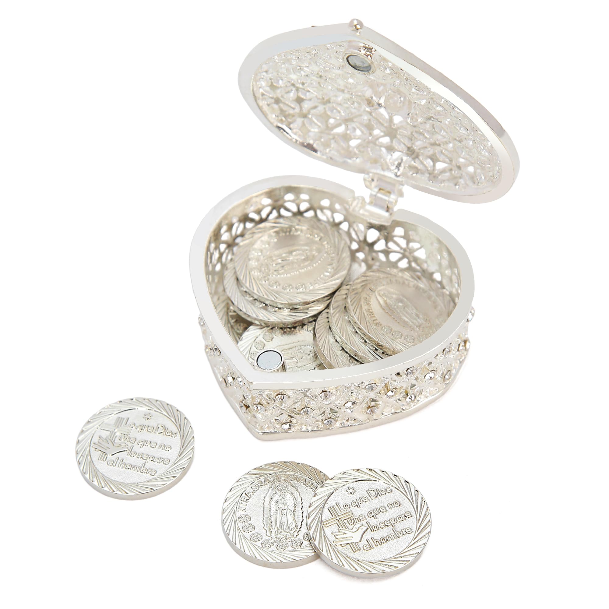 TINGKU Arras mexicanas de oro para boda católica, Arras de Boda Cristiana, Nuestra Señora de Guadalupe Monedas Decoración de Boda (Silver, Caja de corazón estilo D)